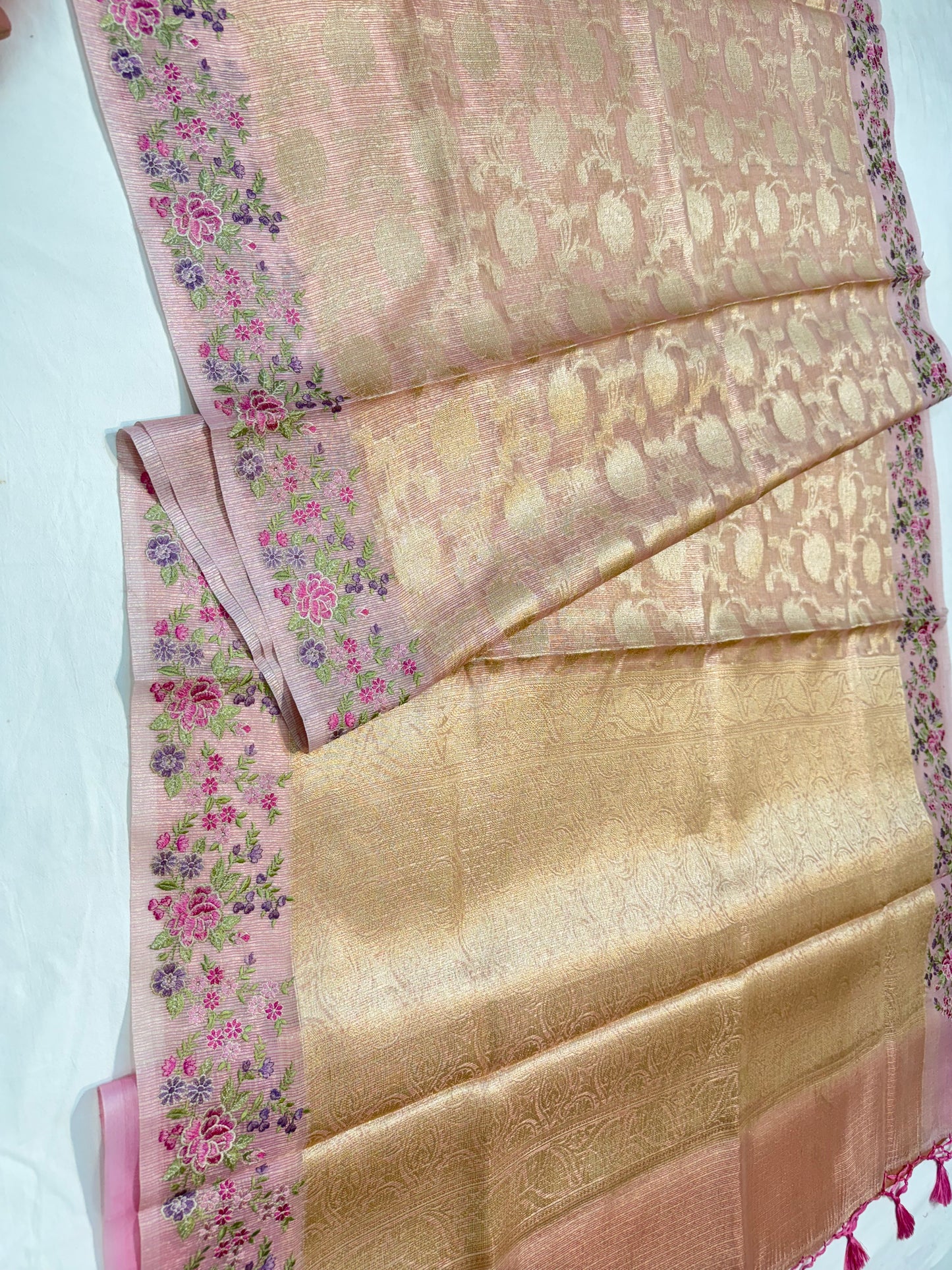 Pink shade tissue kota embroidery Banarasi saree