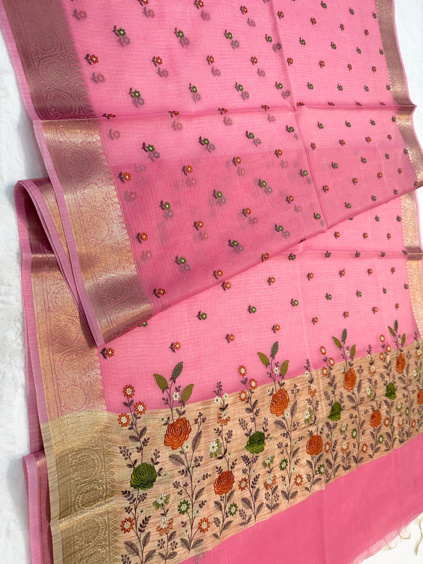 Pink shade cotton kota embroidery Banarasi saree