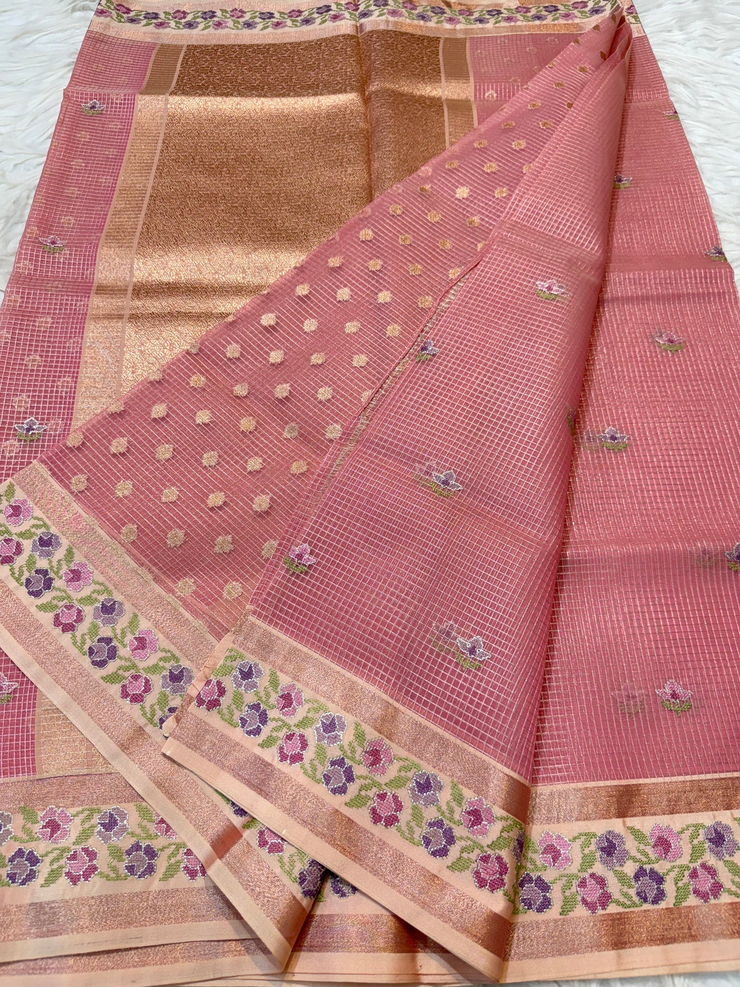 Rose gold shade kora organza embroidery Banarasi saree