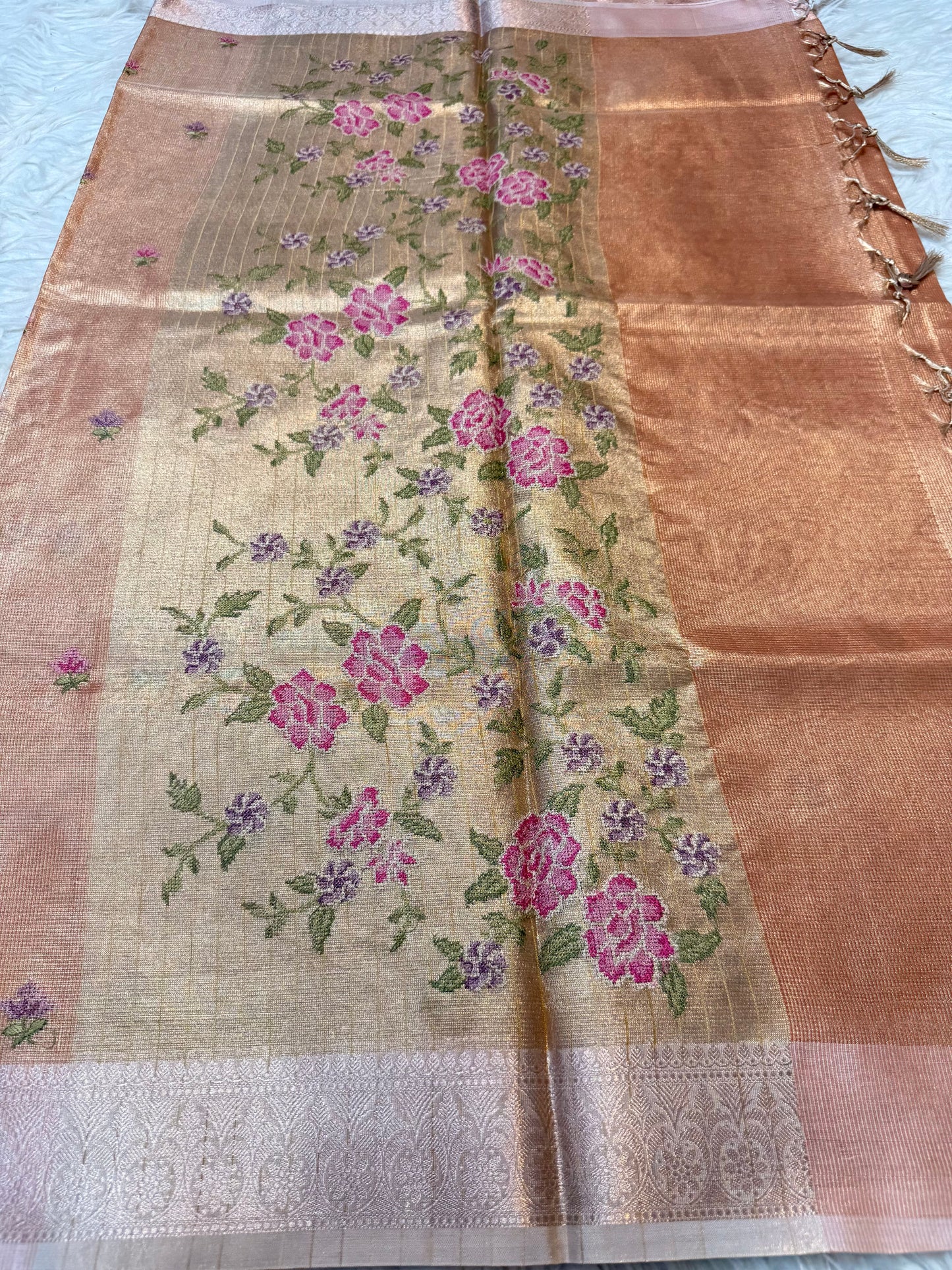 Pink shade tissue kota embroidery primum Banarasi saree