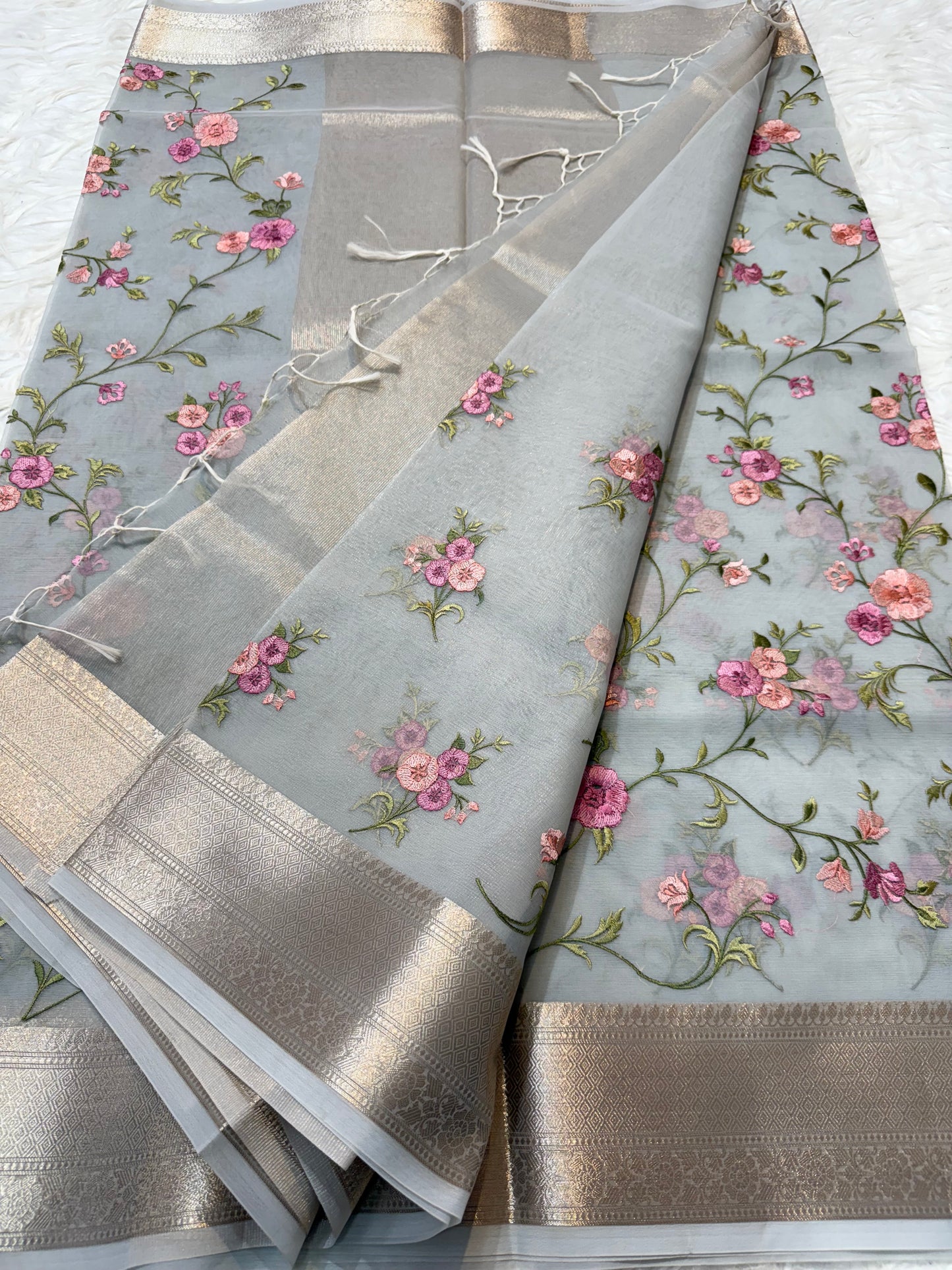Grey shade organza embroidery Banarasi saree