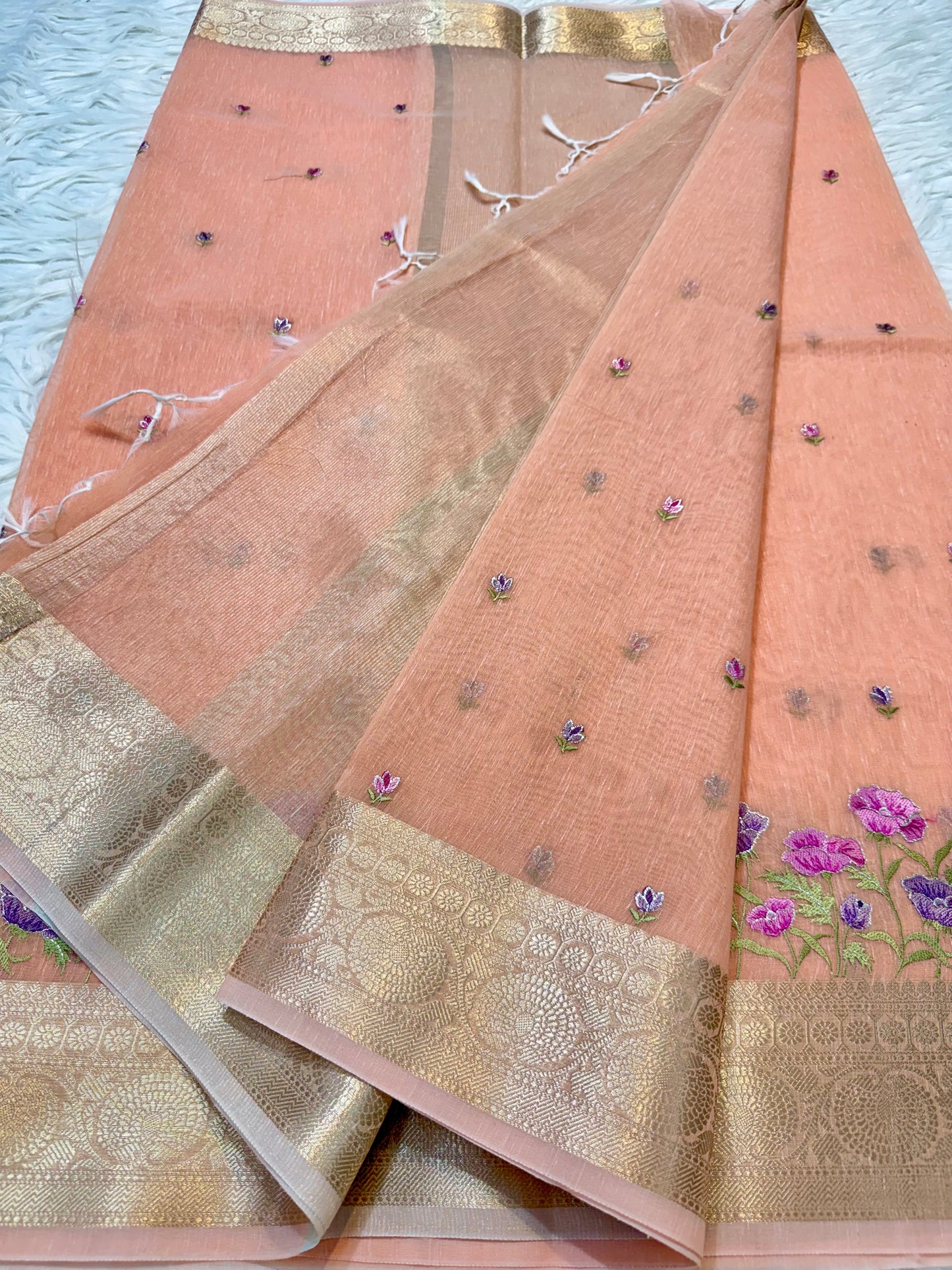 Peach shade linen embroidery Banarasi saree