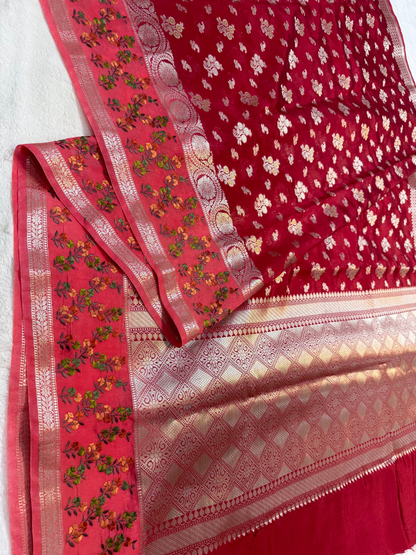 Red & maharani shade raw mango premium embroidery Banarasi saree