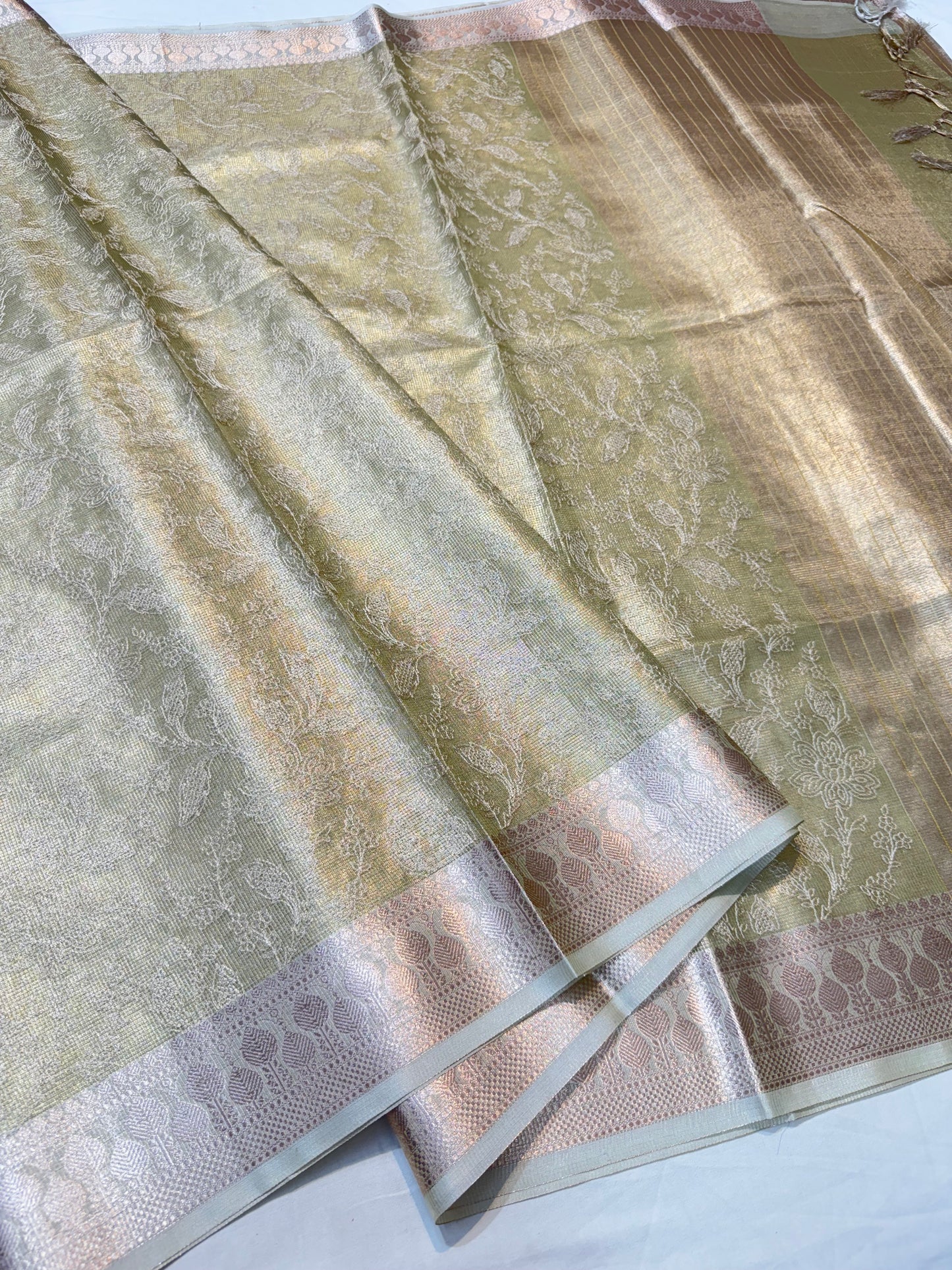 Pista green shade tissue kota embroidery primum Banarasi saree