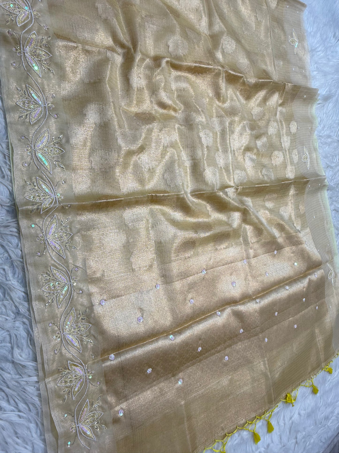 Safety yellow shade tissue kota zardosi work Banarasi saree
