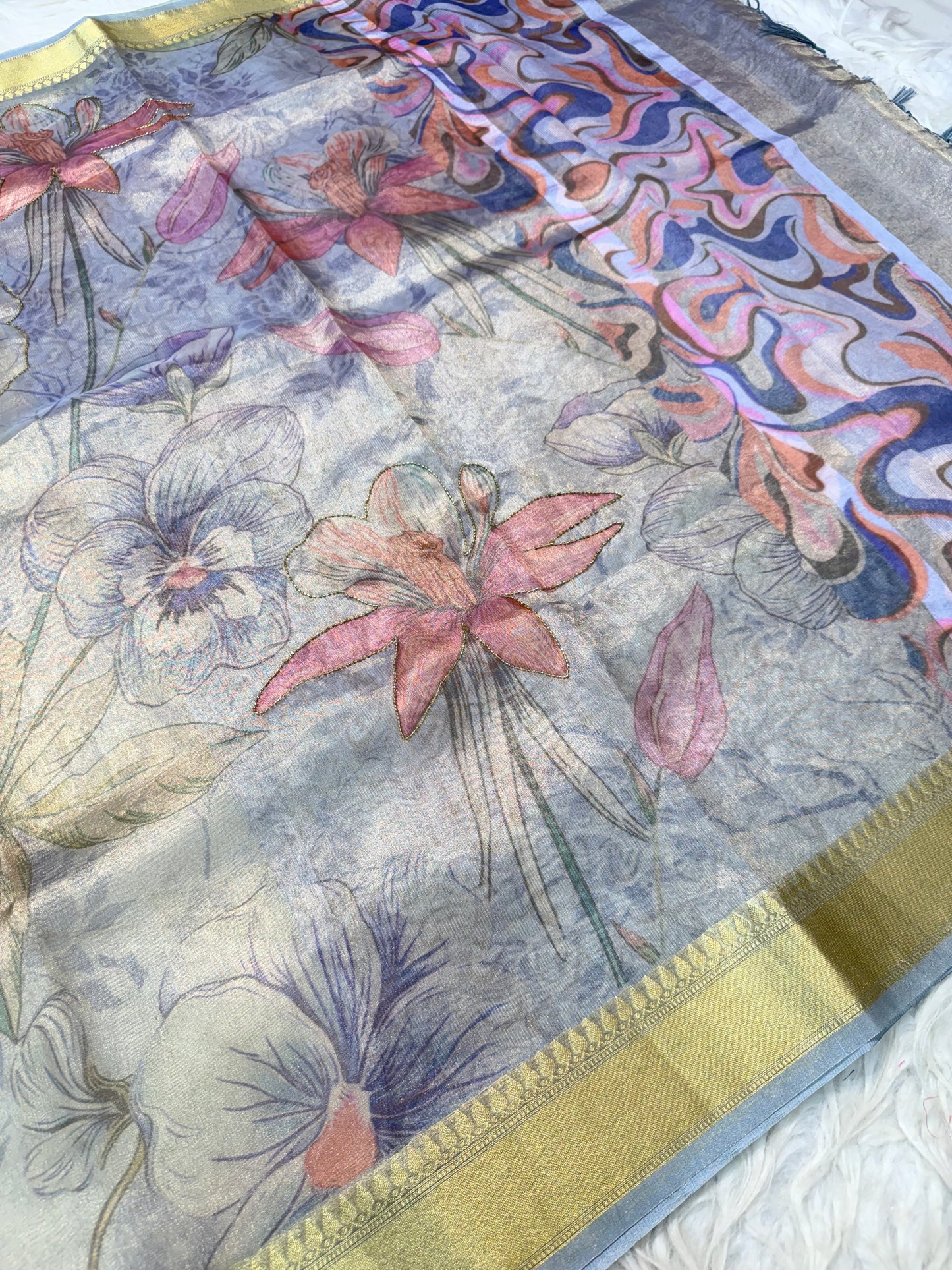 Tissue digital print handwork Banarasi saree