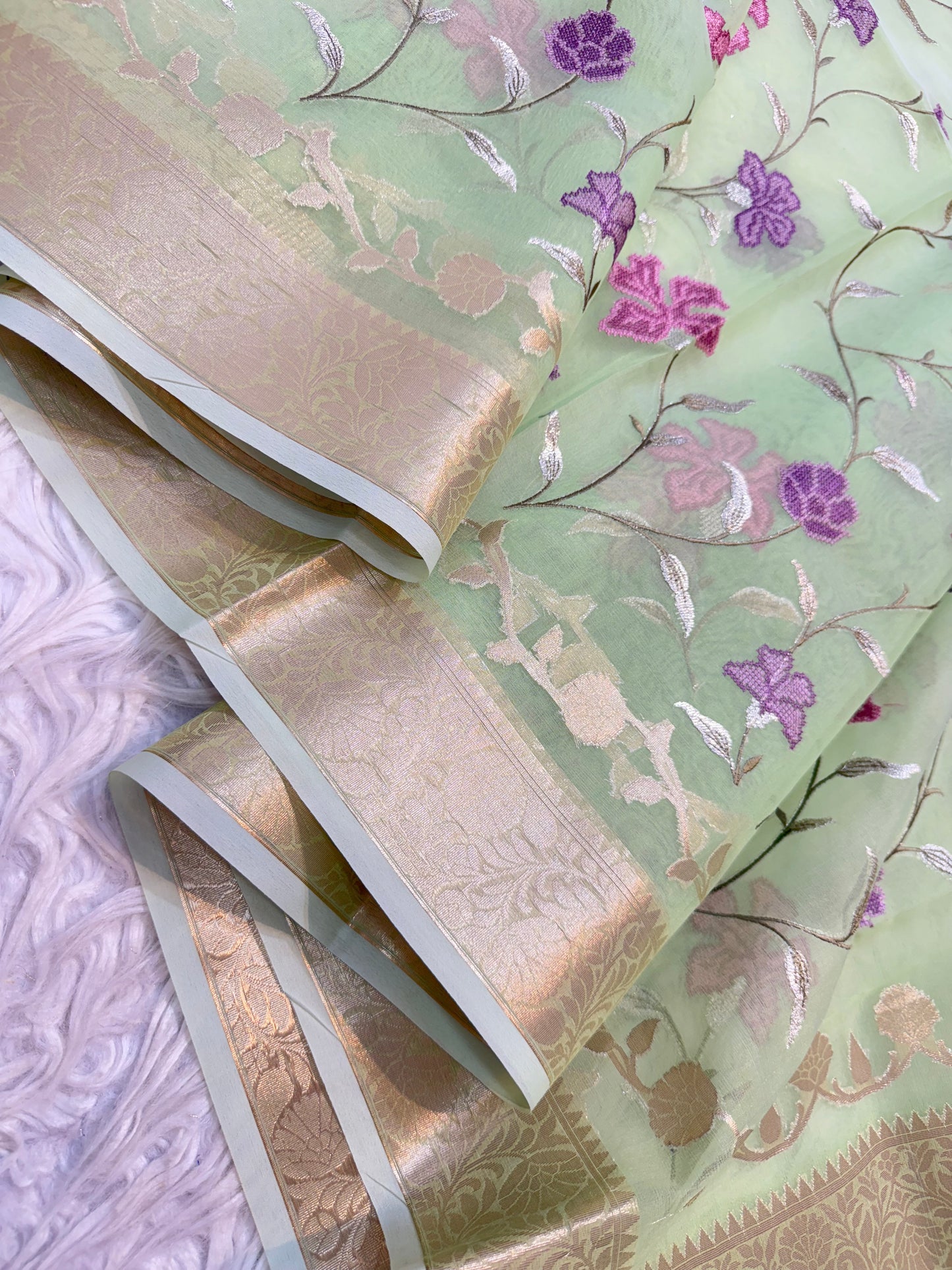 Pista green shade kora organza embroidery Banarasi saree