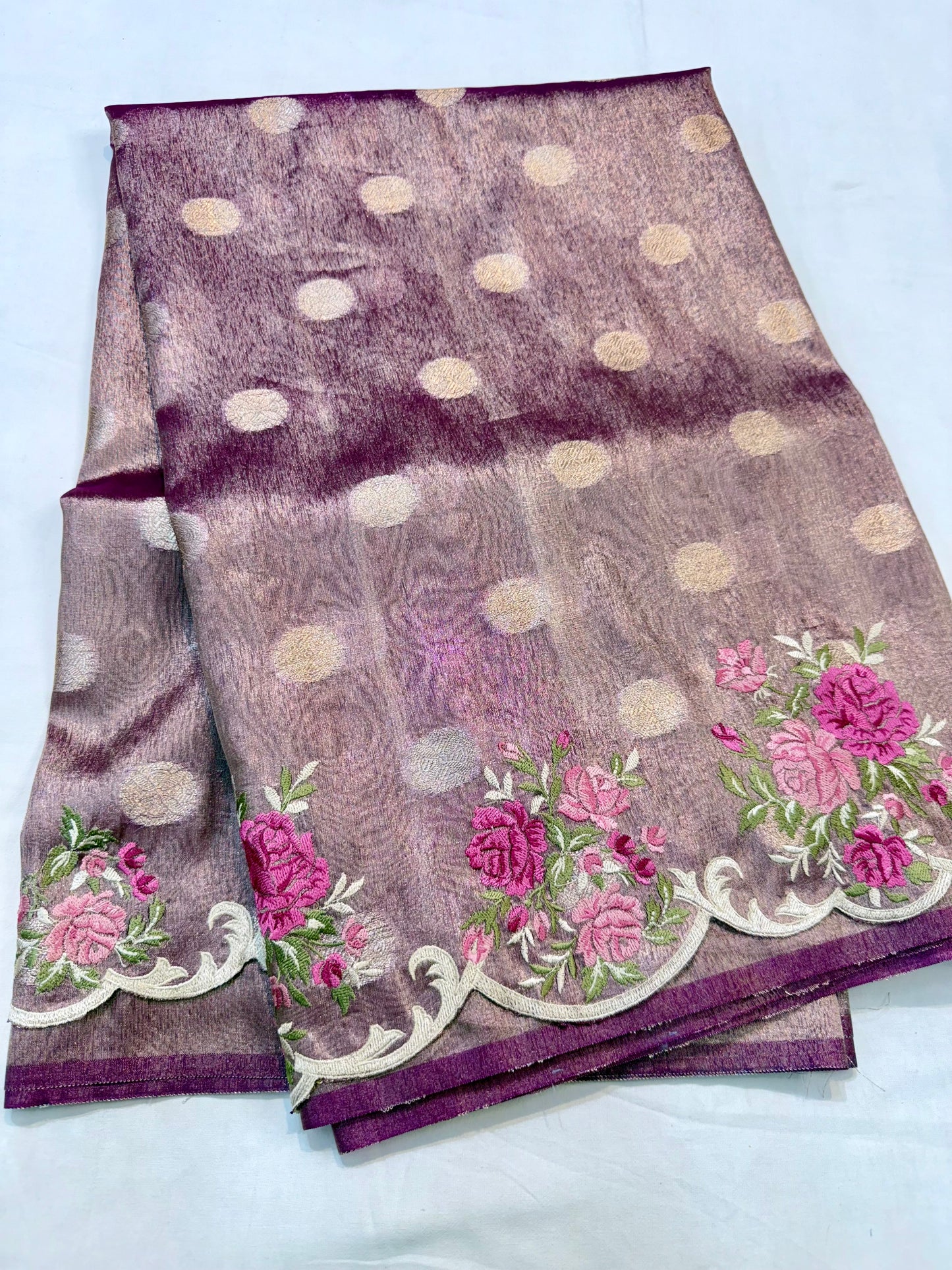Magenta tissue cutwork embroidery premium designer Banarasi saree
