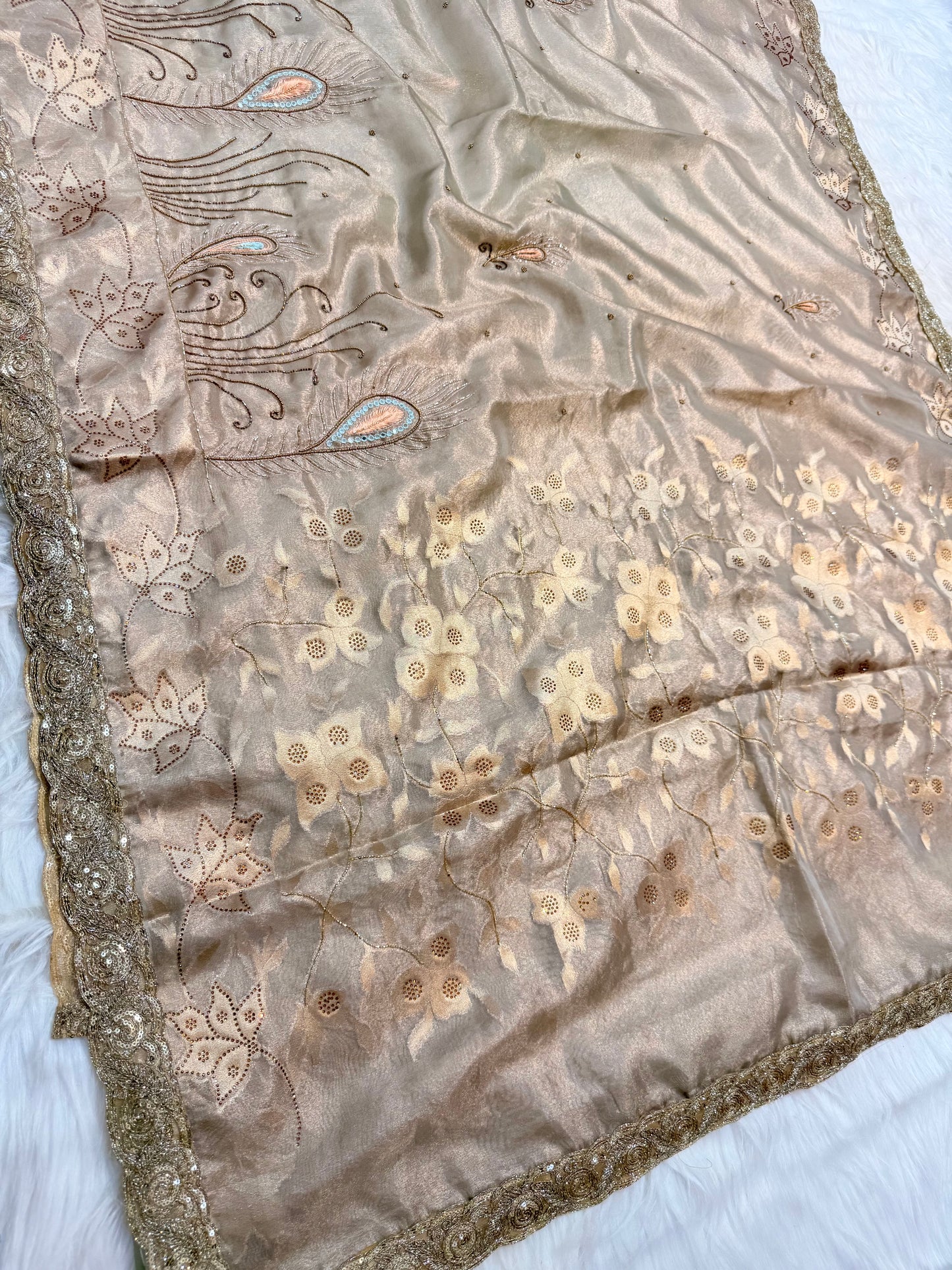 Beige shade tissue ari & zardosi work designer premium Banarasi saree