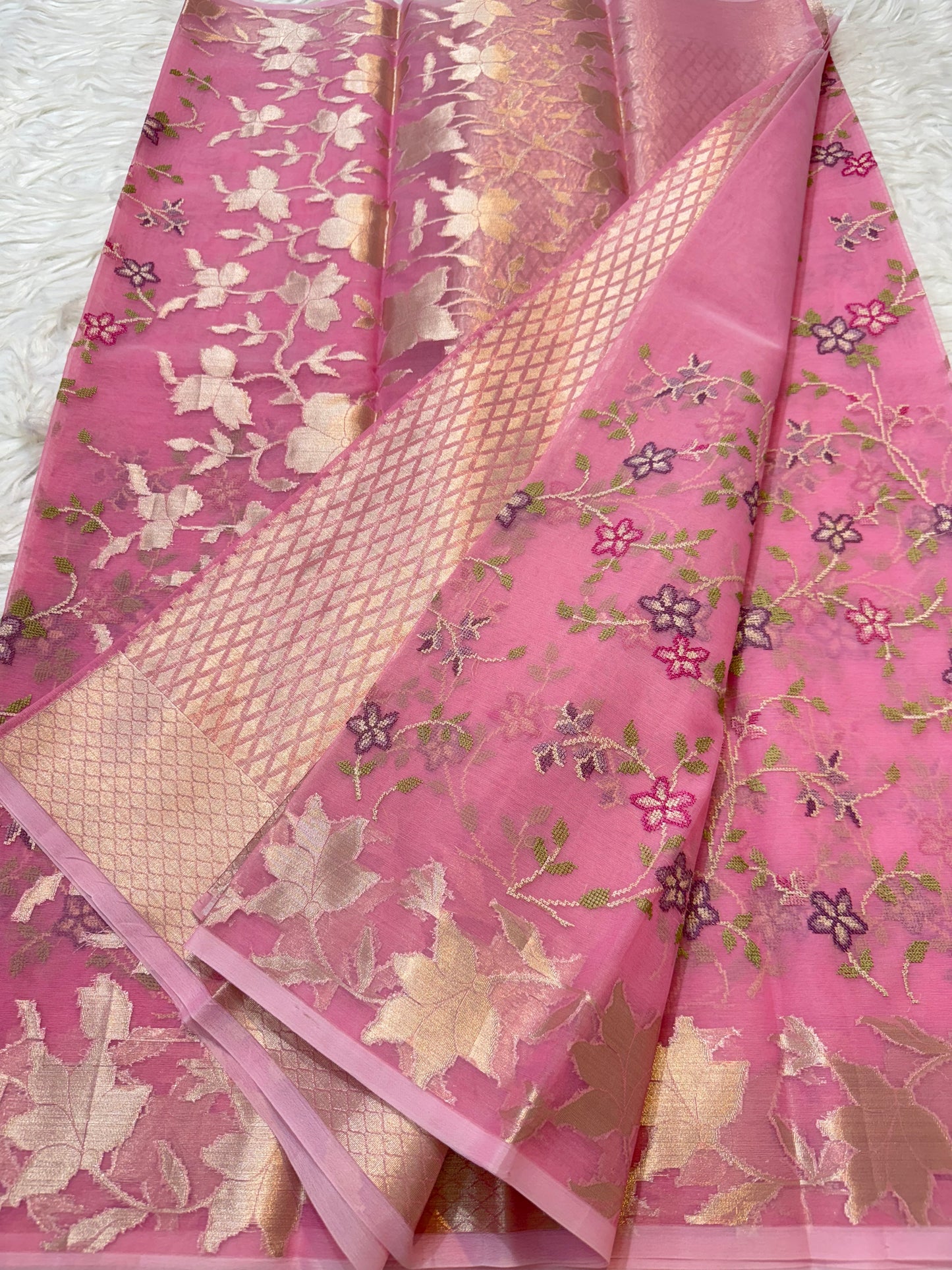 Peach shade kora organza embroidery banarasi saree
