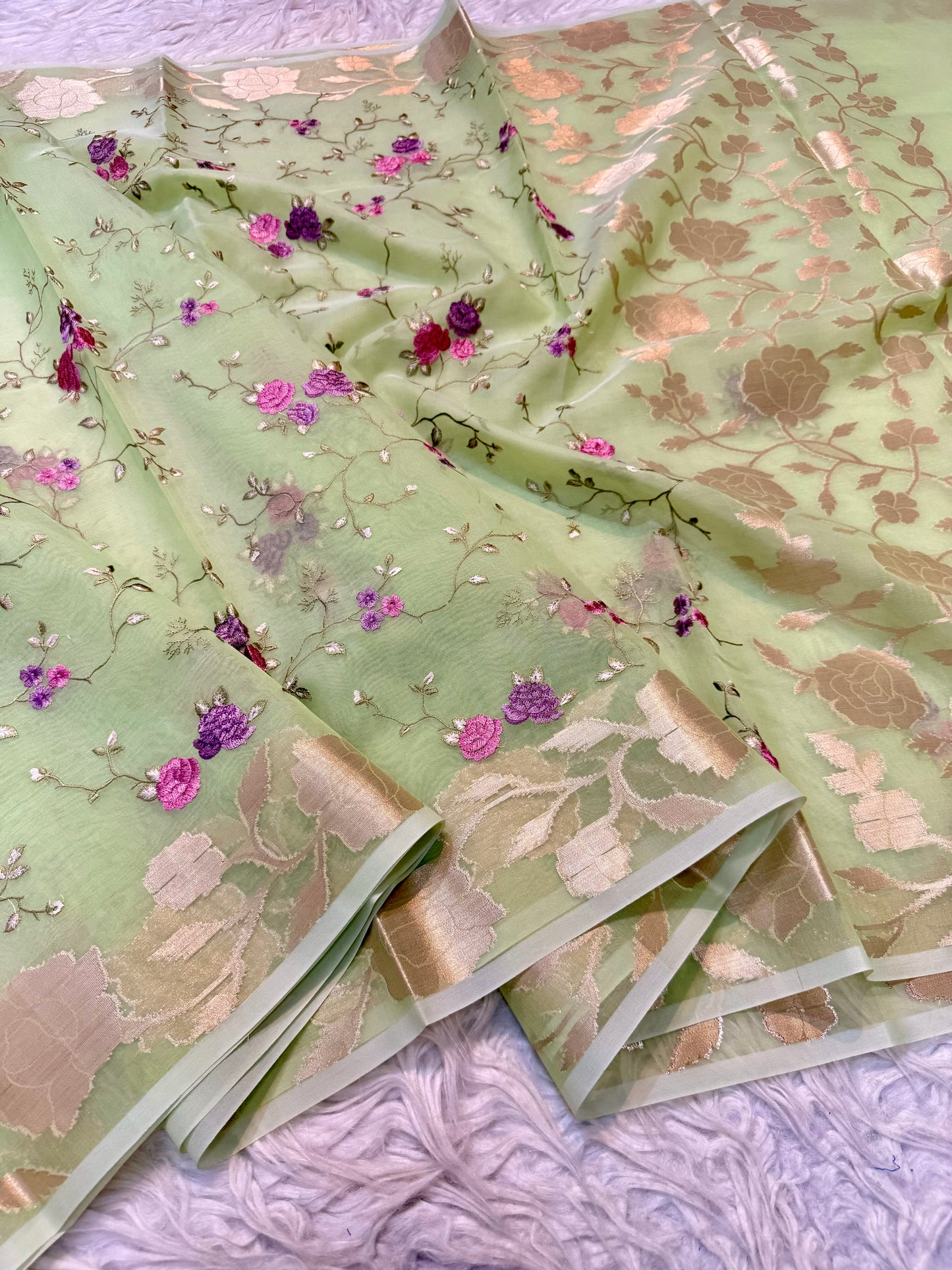 Pista green shade kora organza embroidery Banarasi saree