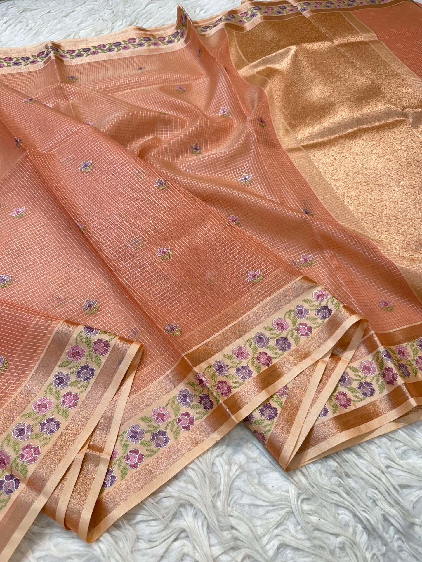 Bronze shade kora organza embroidery Banarasi saree