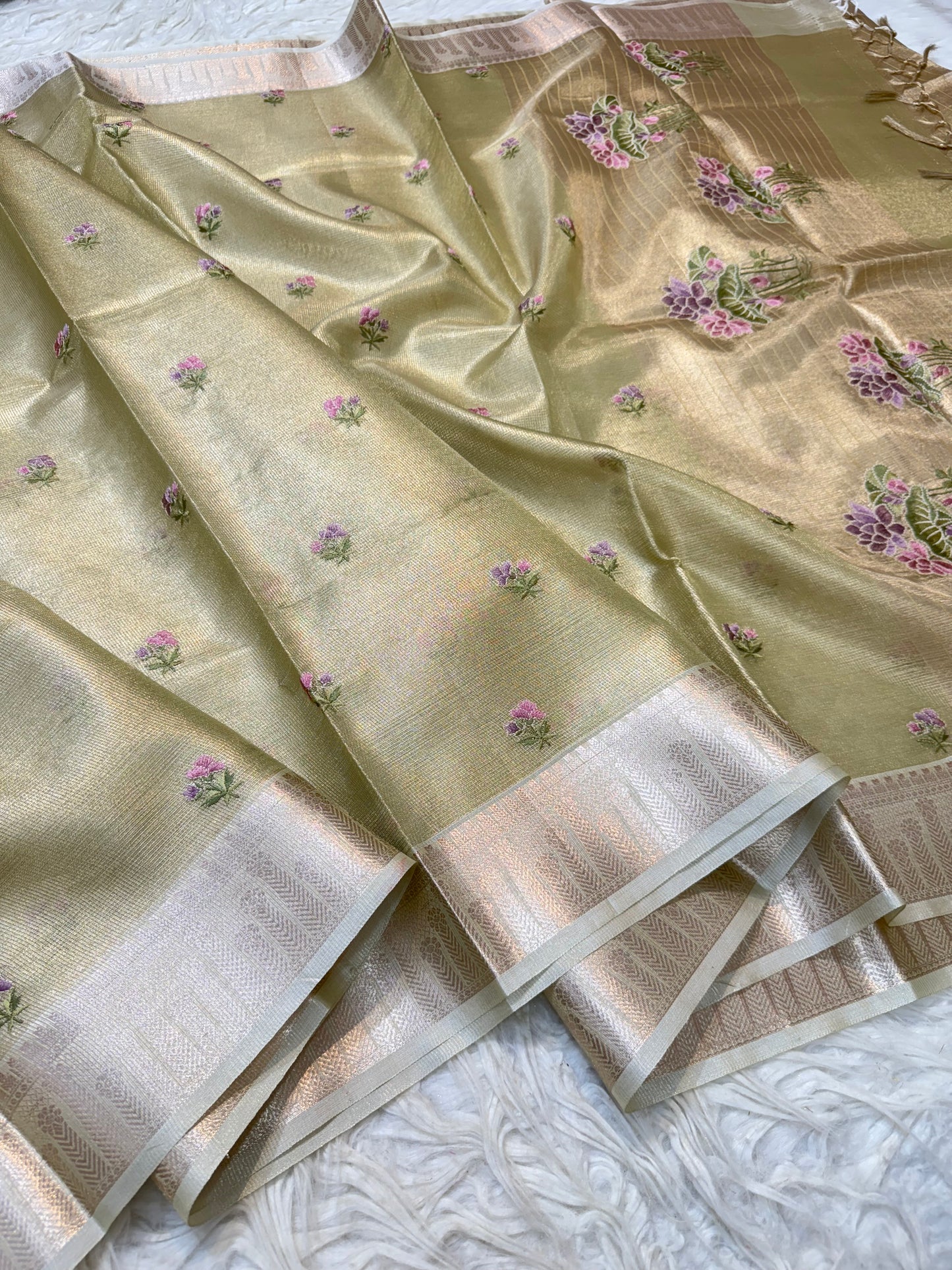 Pista green shade tissue kota embroidery primum Banarasi saree