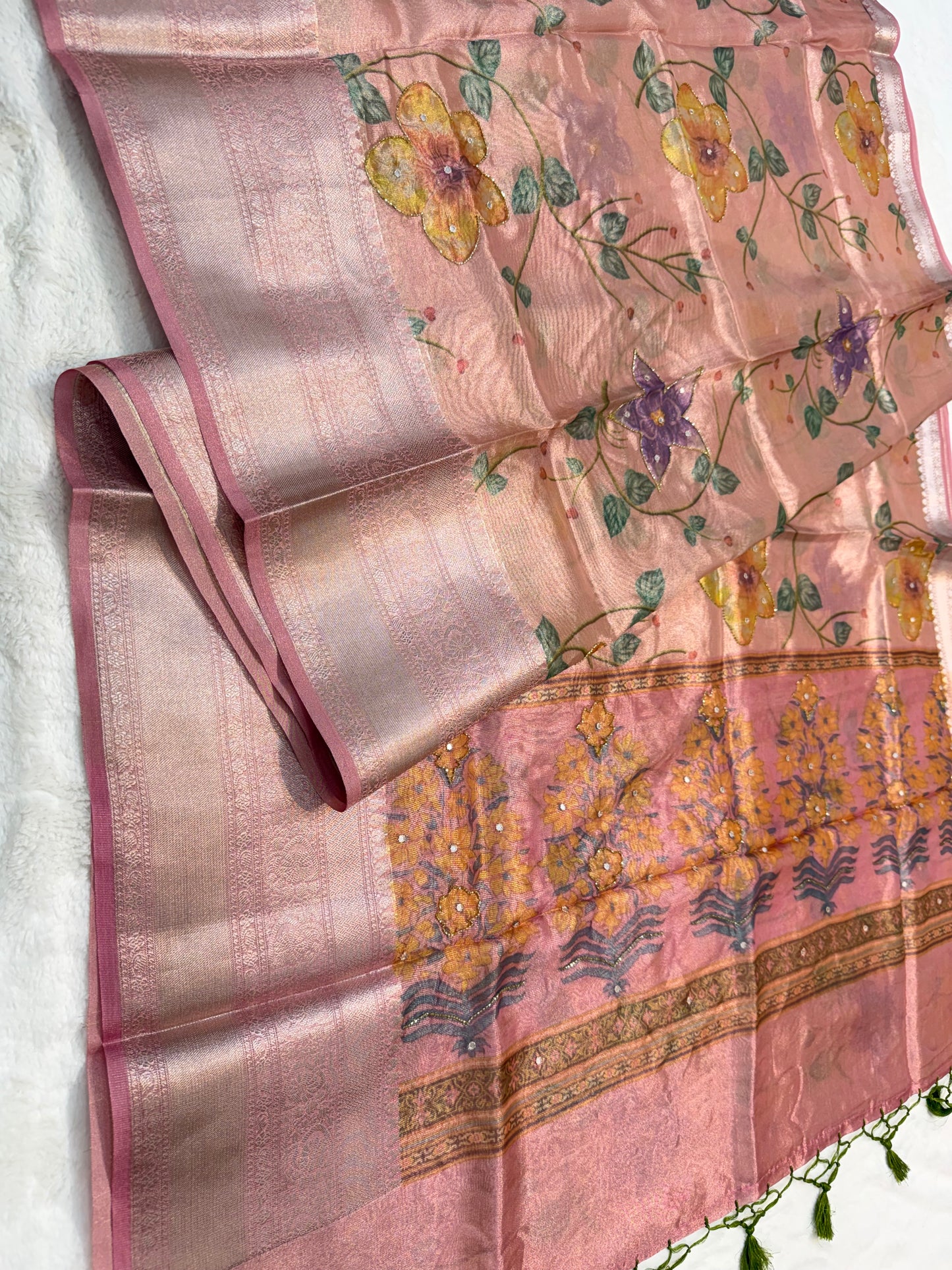 multicolour tissue silk digital print handwork premium Banarasi saree