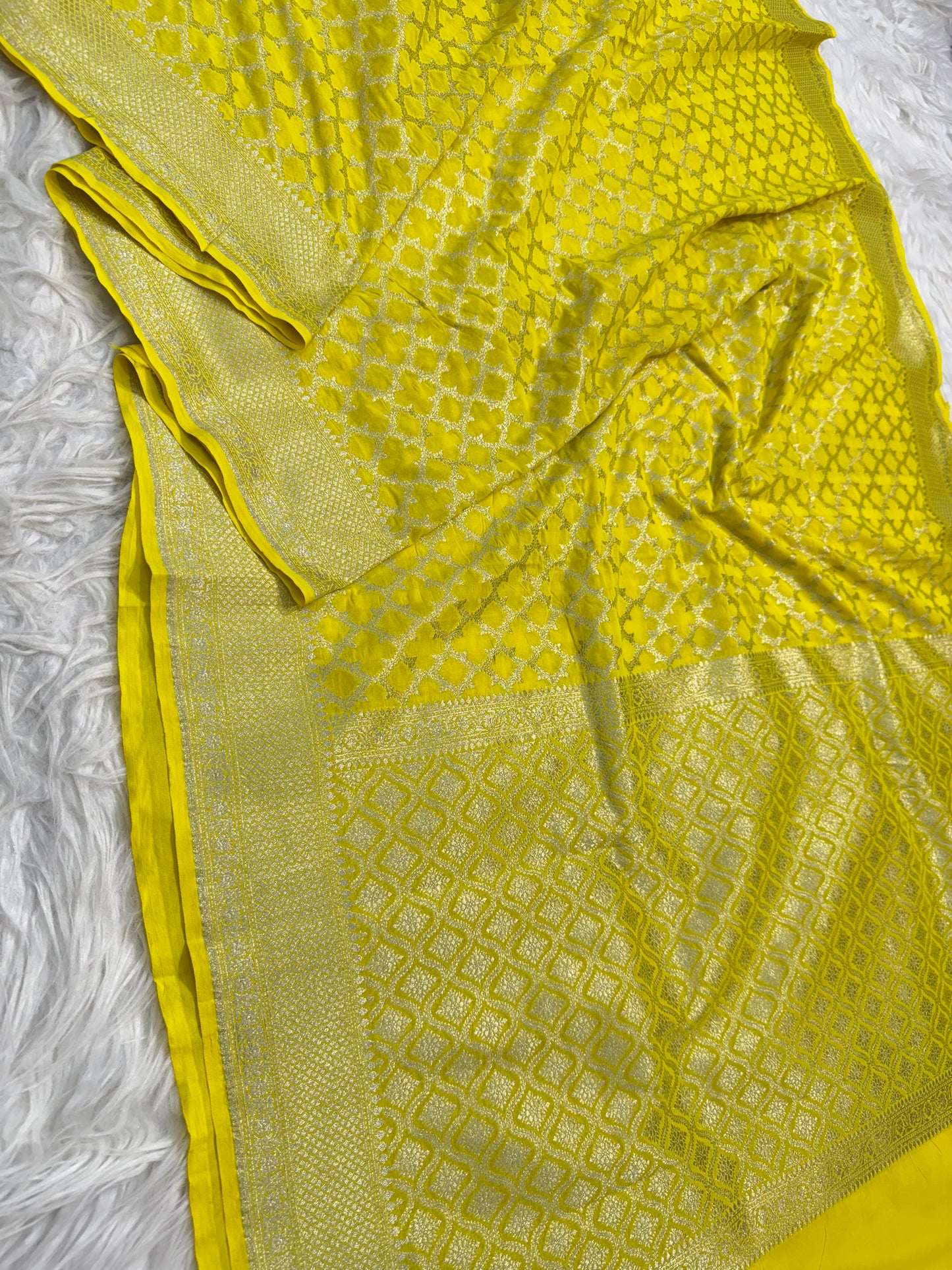 Yellow shade khaddi georgatte premium Banarasi saree