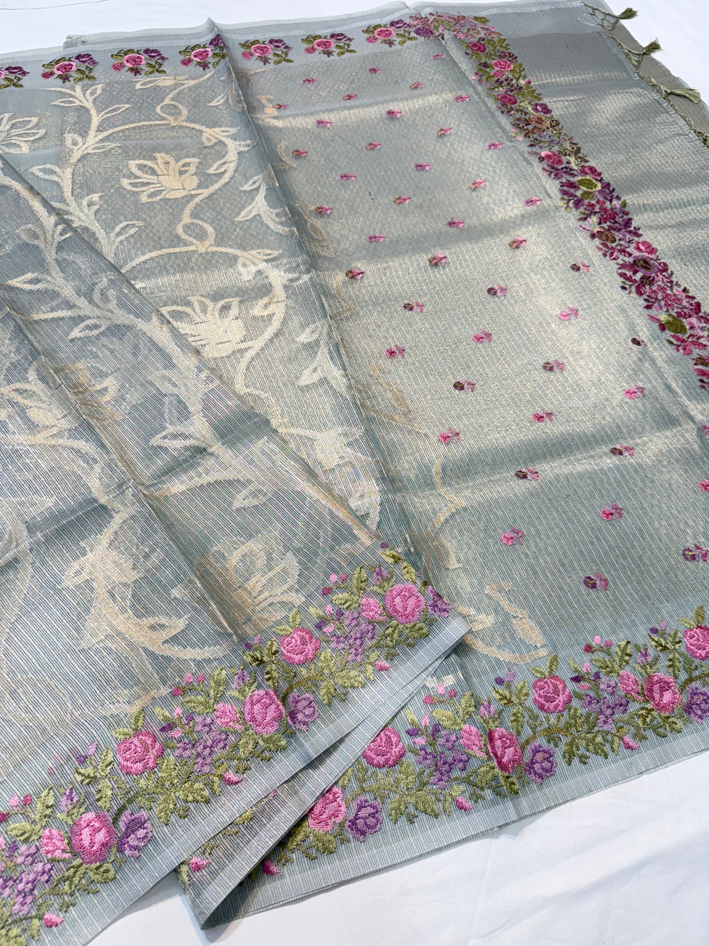 Pista green shade tissue kota embroidery primum Banarasi saree