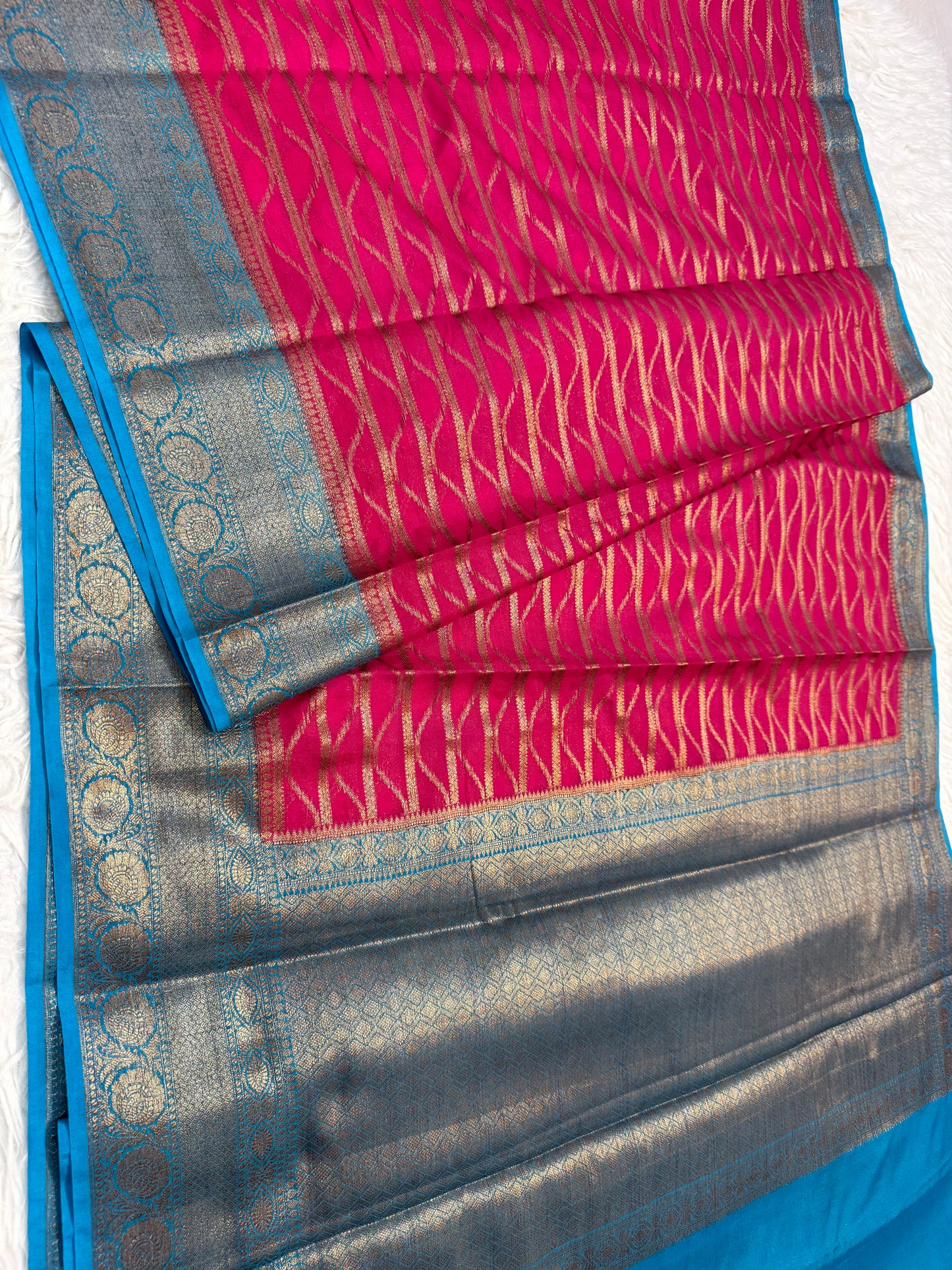 Royal pink powder blue shade georgatte Banarasi saree