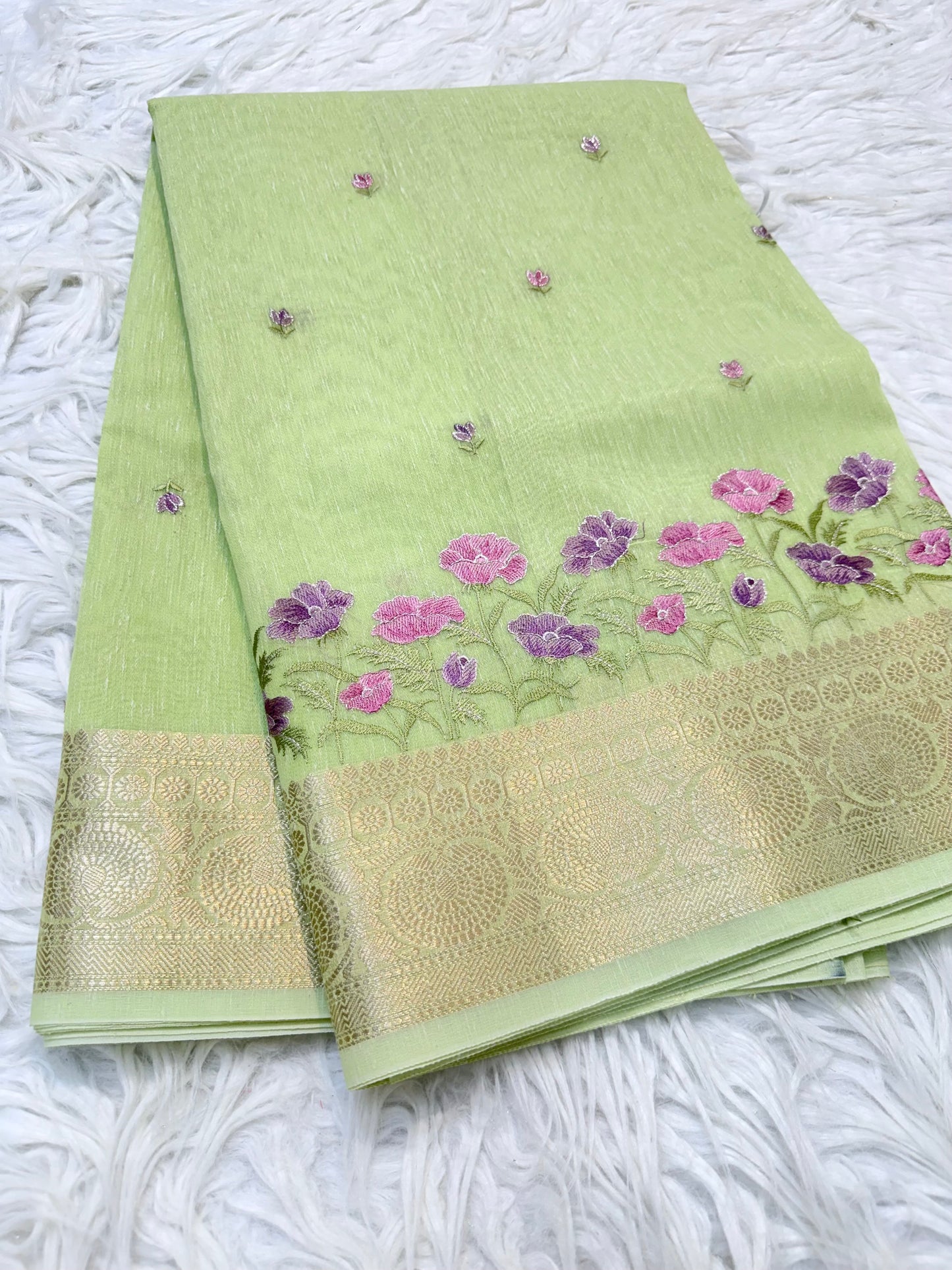 Pista green shade linen embroidery Banarasi saree