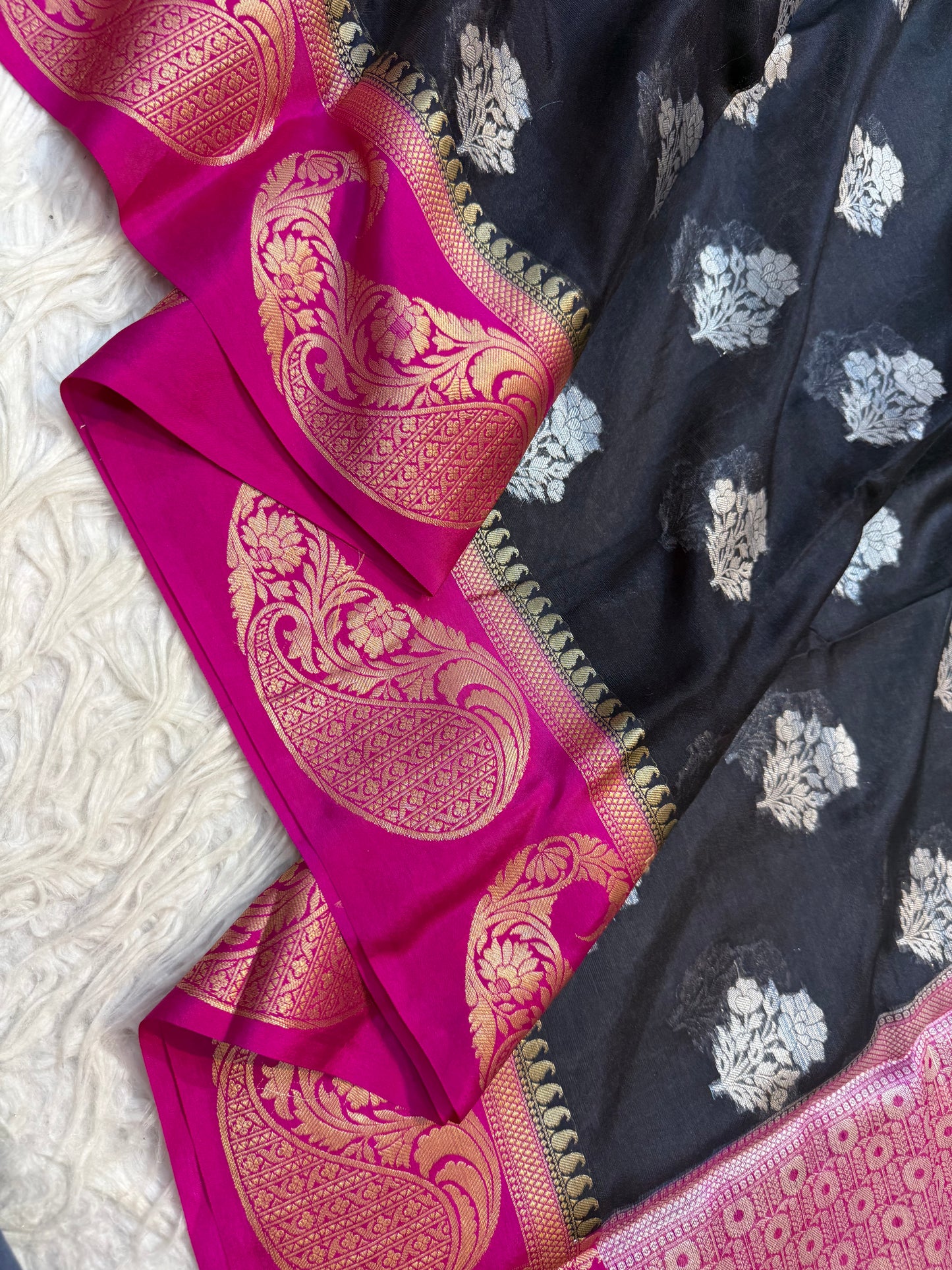 Black royal pink warm silk premium Banarasi saree