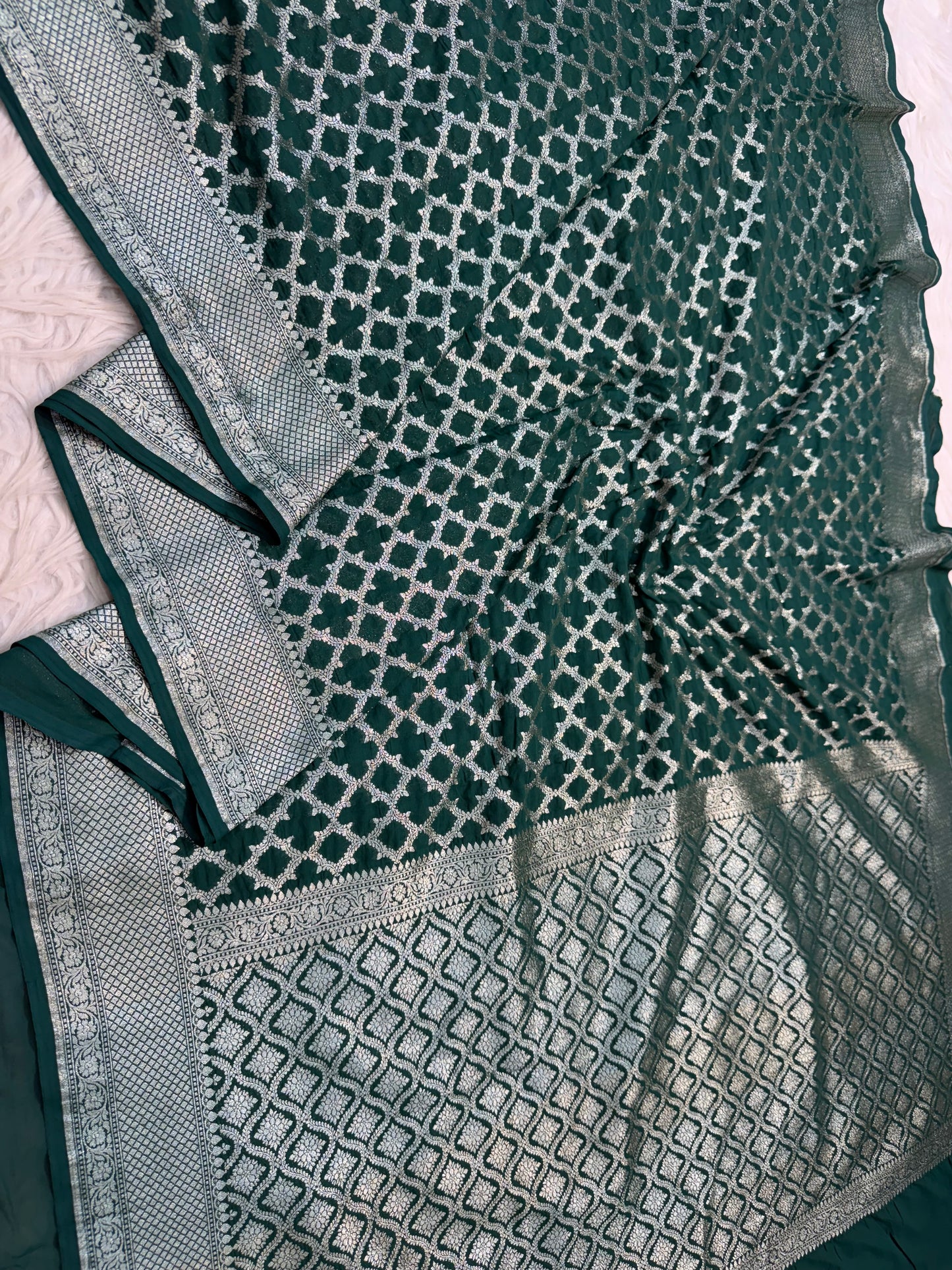 Bottle green shade khaddi georgatte premium Banarasi saree