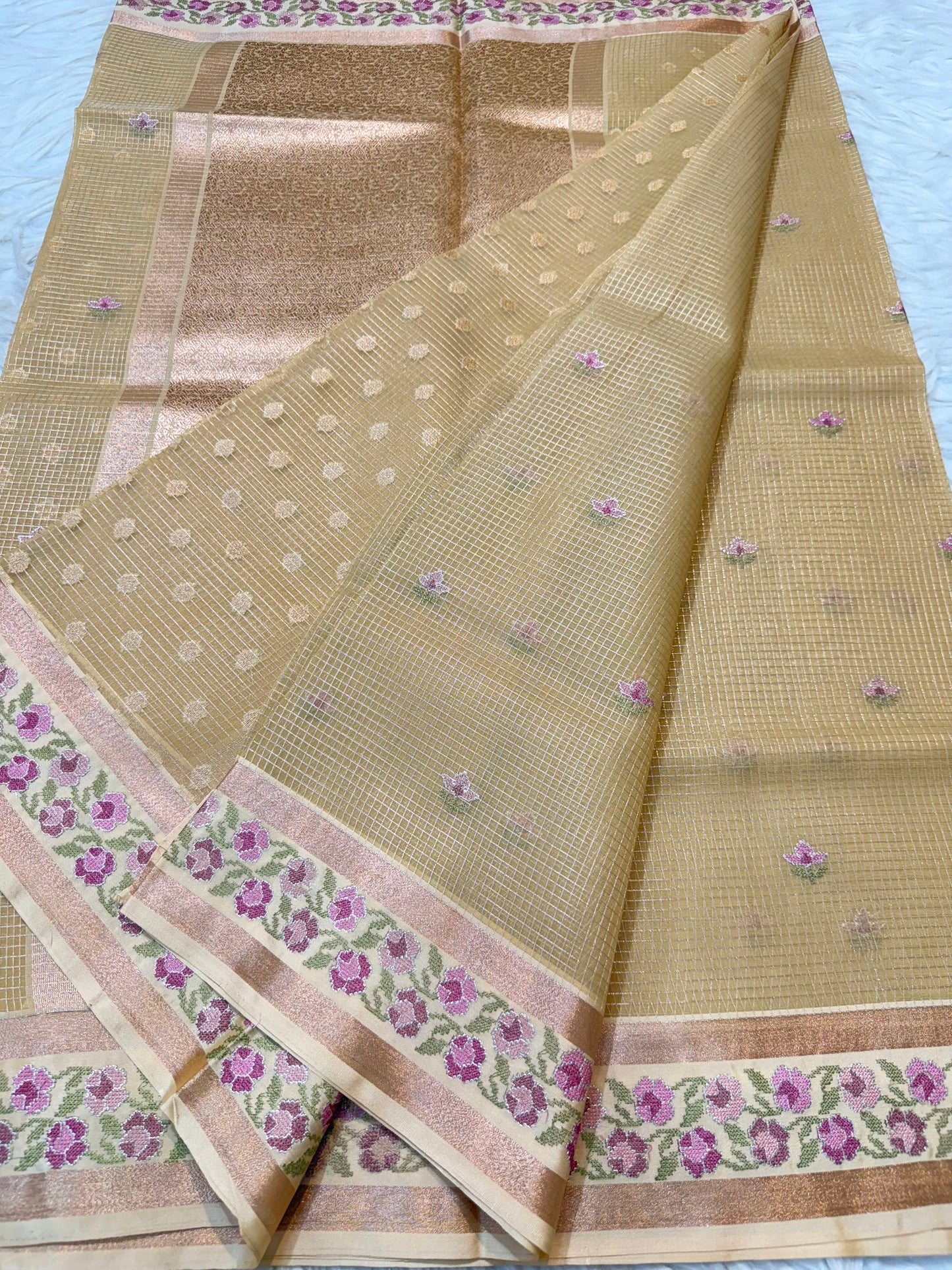Beige shade kora organza embroidery Banarasi saree