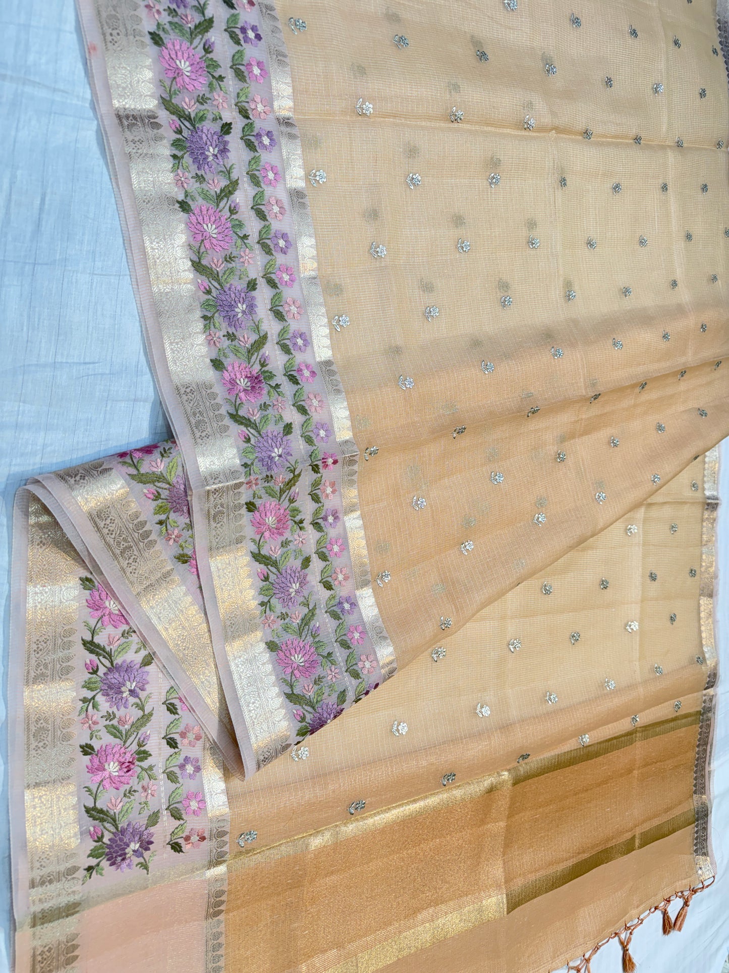 Peach shade cotton kota designe embroidery premium Banarasi saree