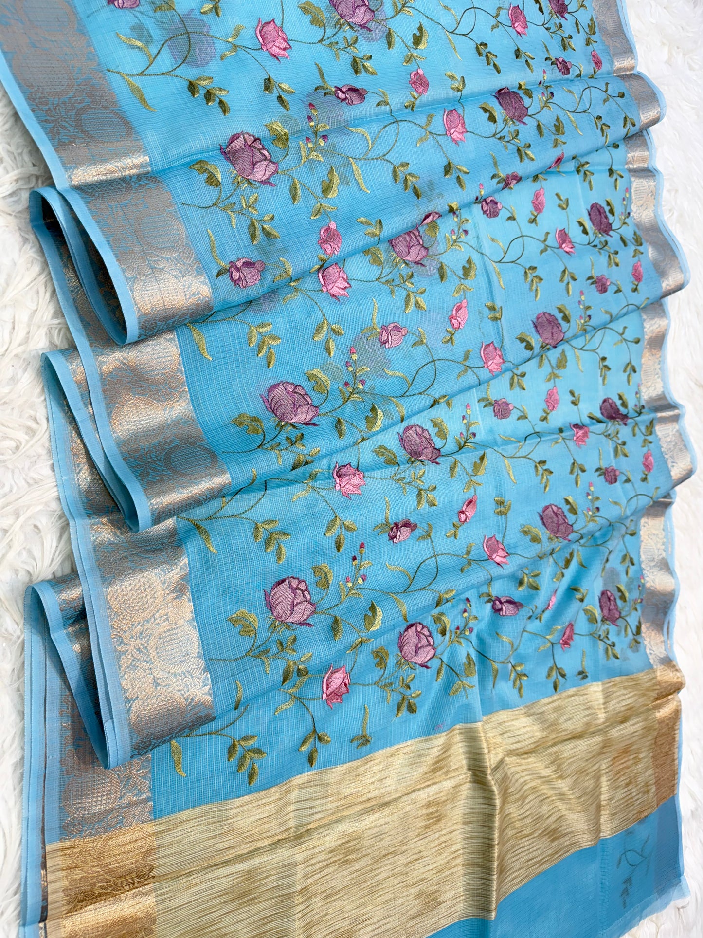 Sky blue shade cotton kota embroidery Banarasi saree
