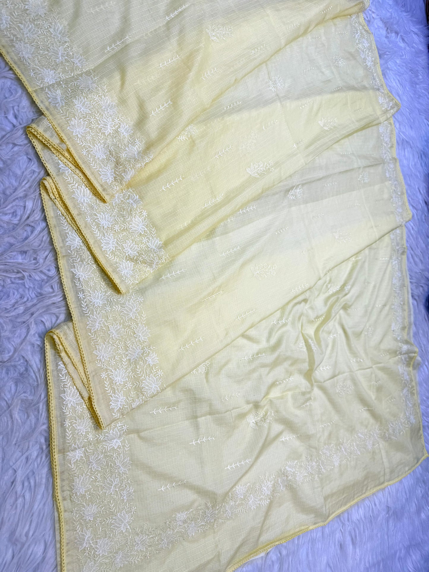 Safety yellow shade cotton kota chickenkari embroidery Banarasi saree