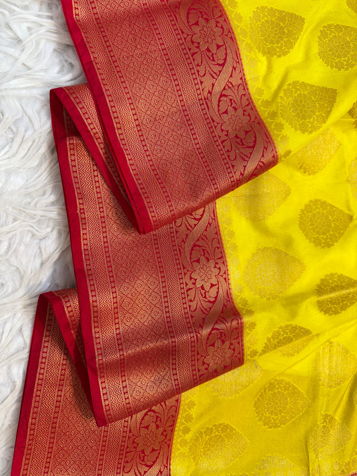 Yellow & red Dupion Silk Banarasi Saree