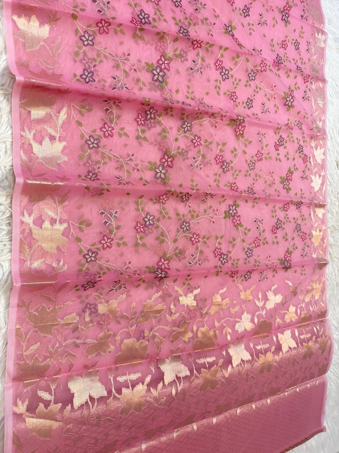 Peach shade kora organza embroidery banarasi saree
