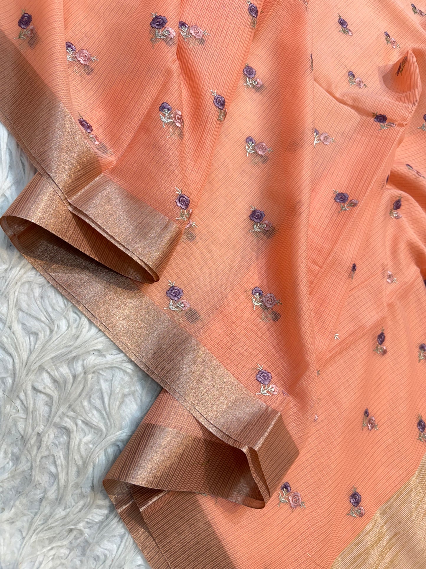Peach shade cotton kota embroidery Banarasi saree