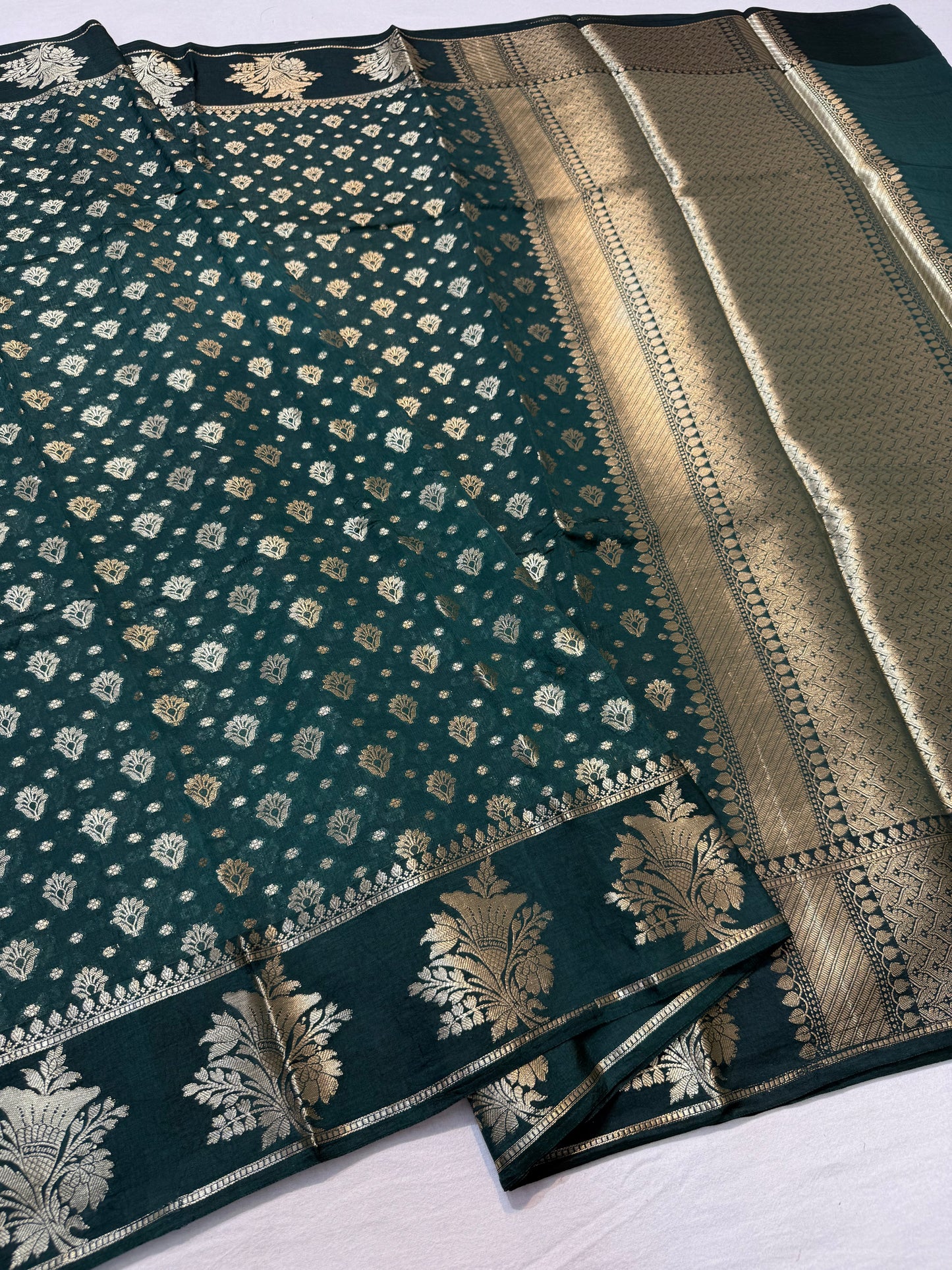 Bottle green shade Raw mango soft silk banarasi saree