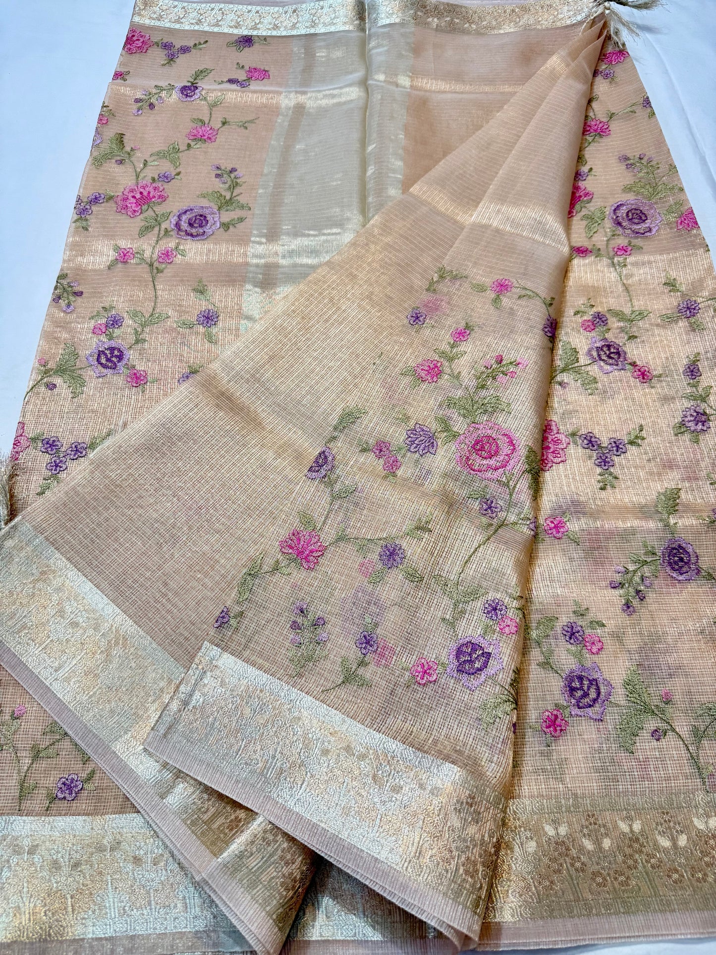 Beige shade tissue kota embroidery primum Banarasi saree