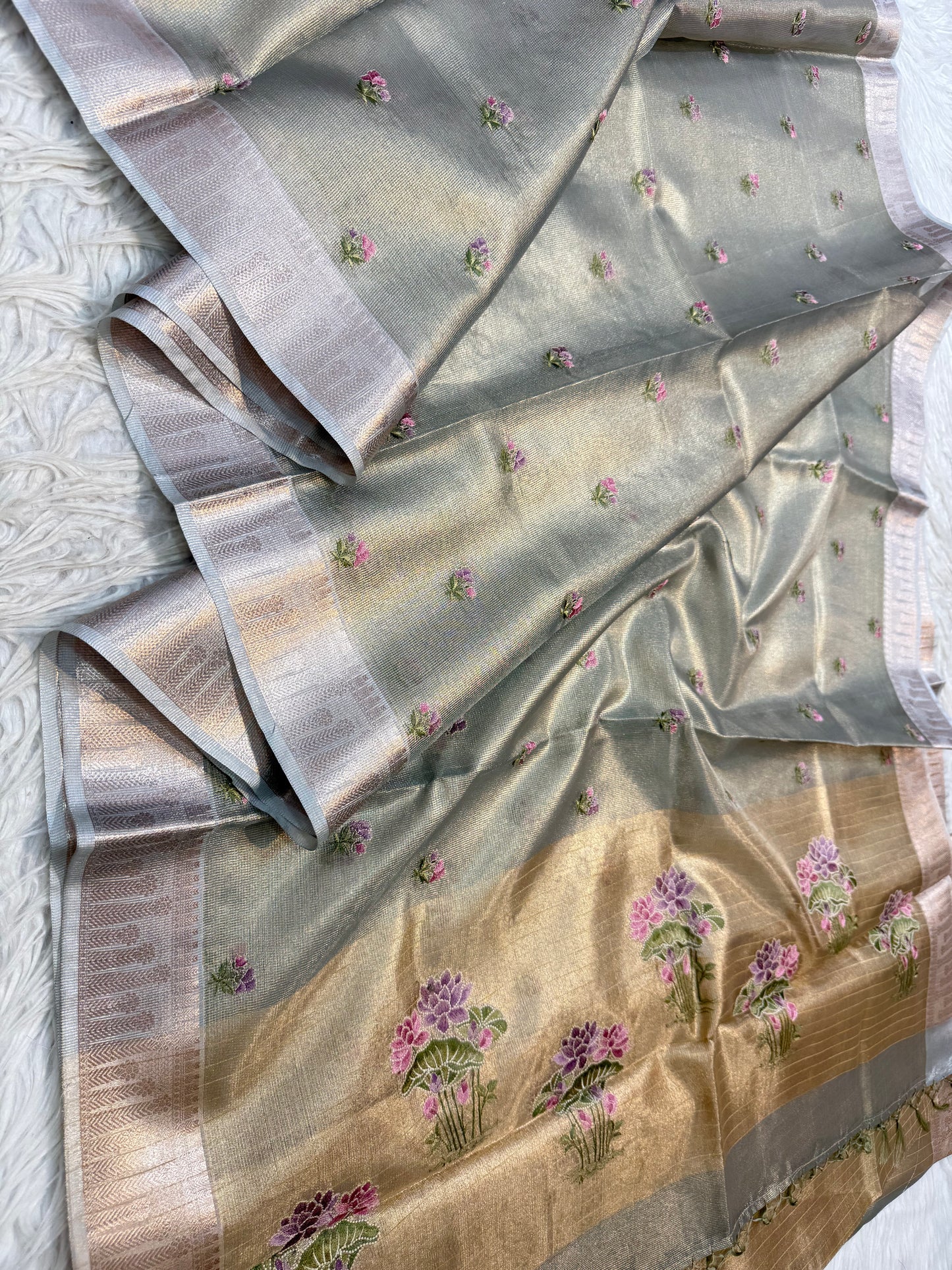 Sea green green shade tissue kota embroidery primum Banarasi saree