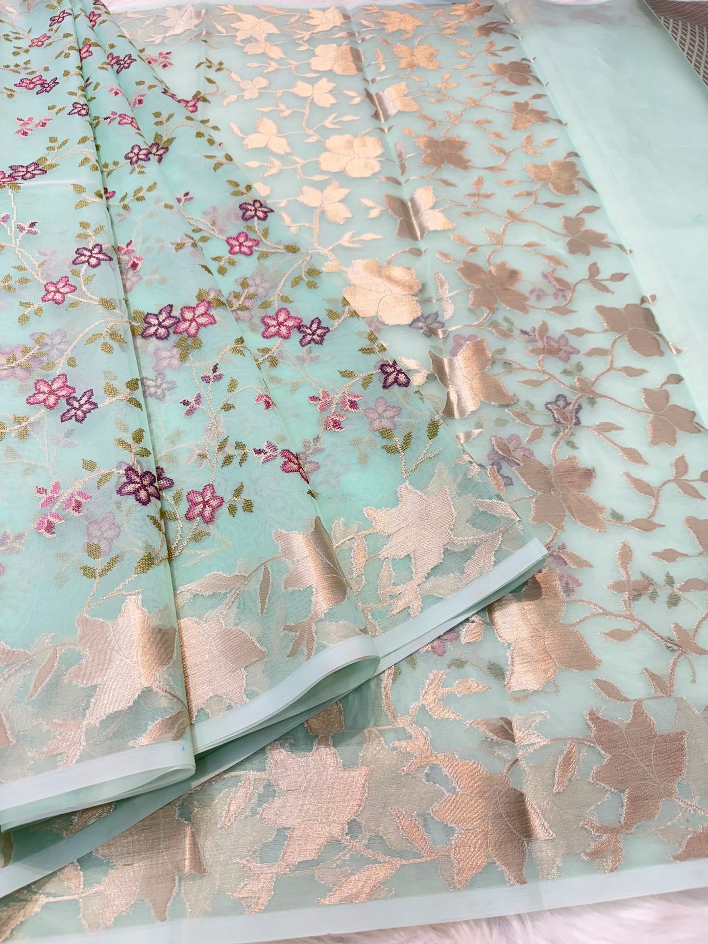 Turquoise shade kora organza embroidery saree