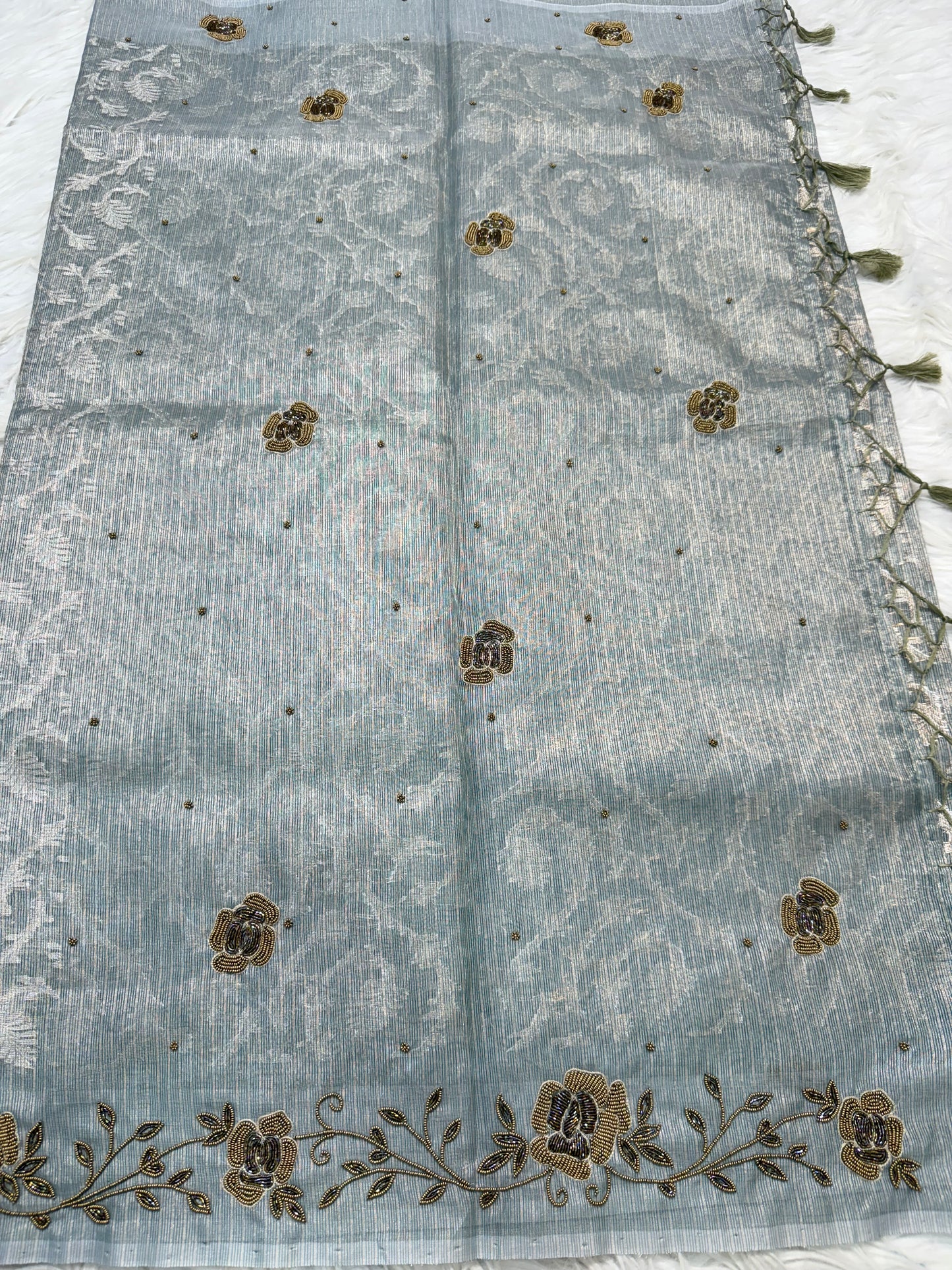 Pista green shade tissue kota zardosi work Banarasi saree
