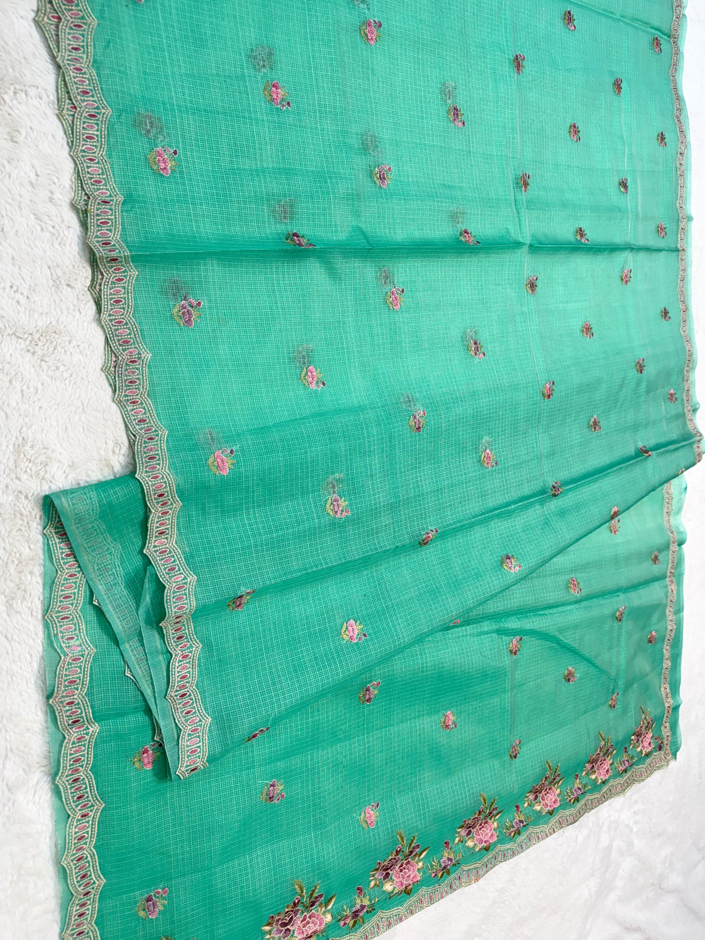 Sea green shade cotton kota designer embroidery premium Banarasi saree