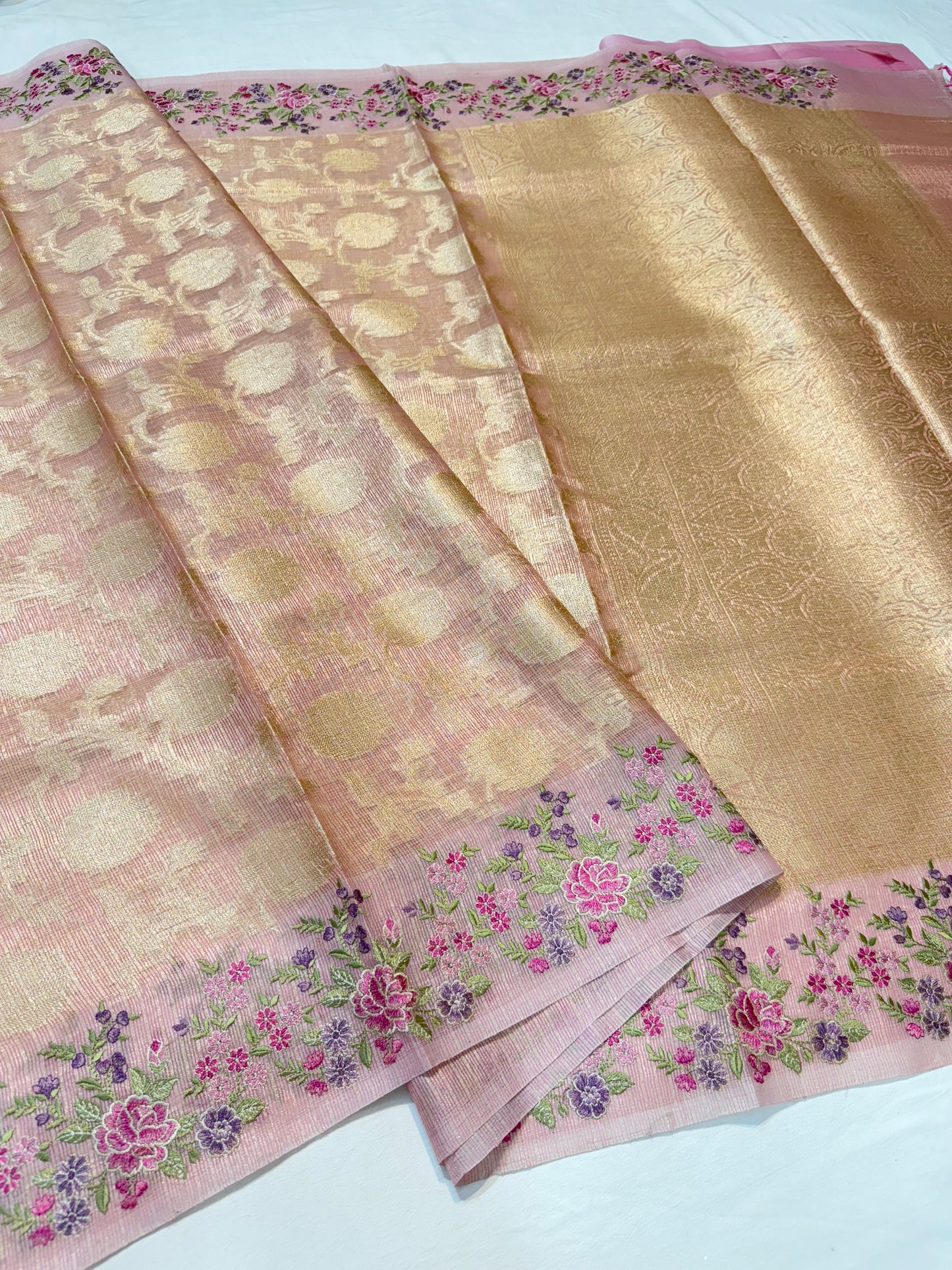 Pink shade tissue kota embroidery Banarasi saree