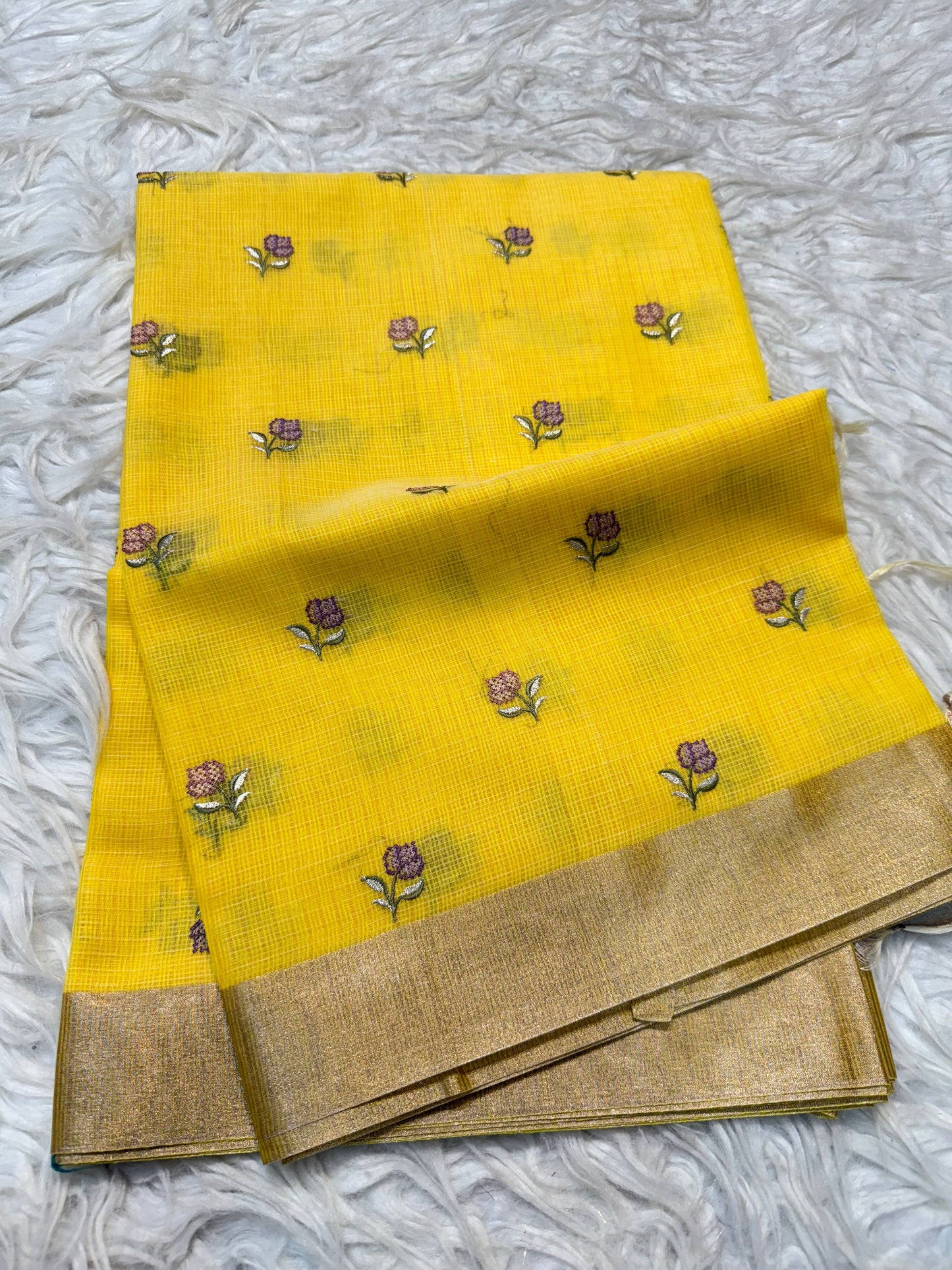 Yellow shade cotton kota embroidery Banarasi saree
