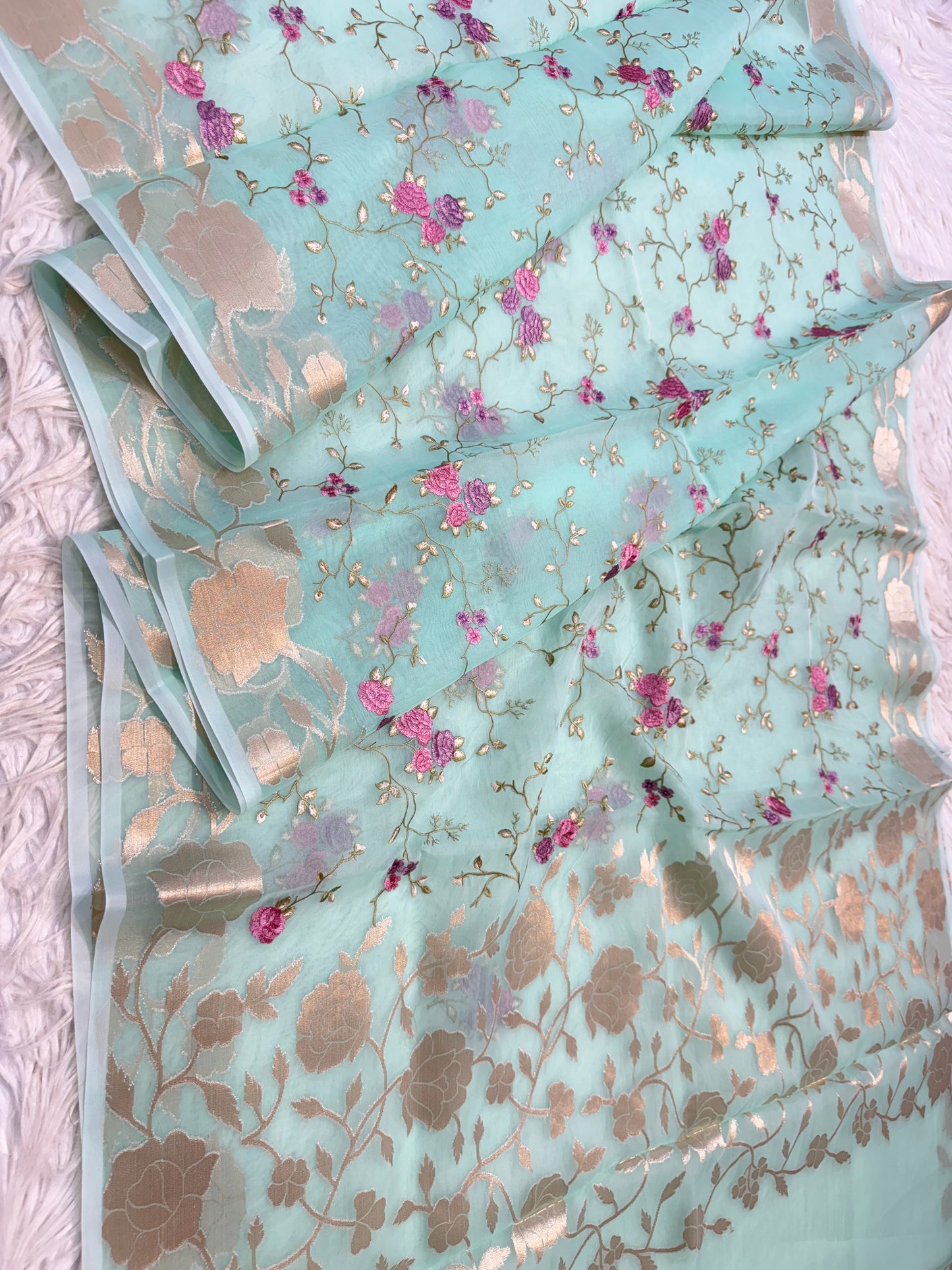 Turquoise shade kora organza embroidery Banarasi saree