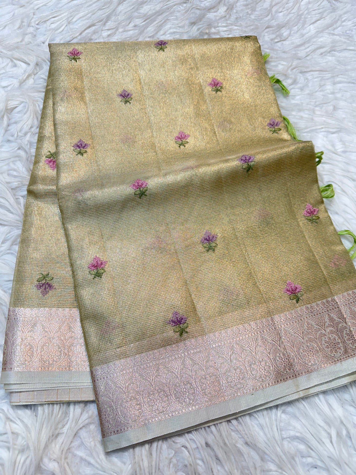 Pista green shade tissue kota embroidery primum Banarasi saree