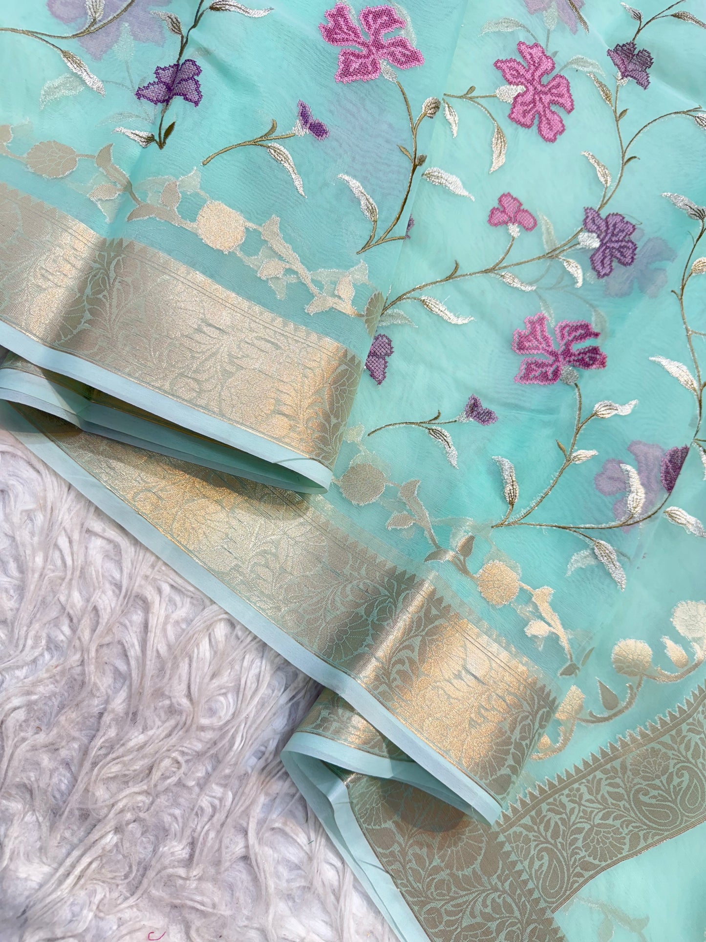 Turquoise shade kora organza embroidery Banarasi saree