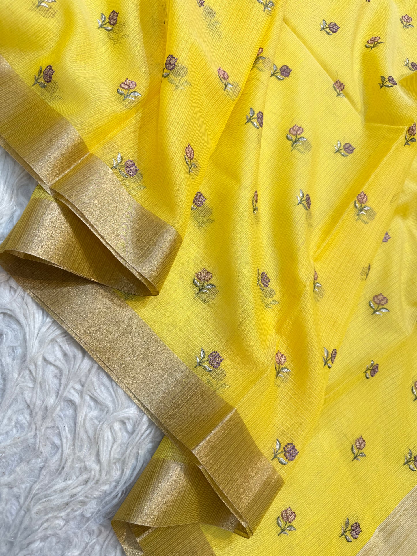 Yellow shade cotton kota embroidery Banarasi saree