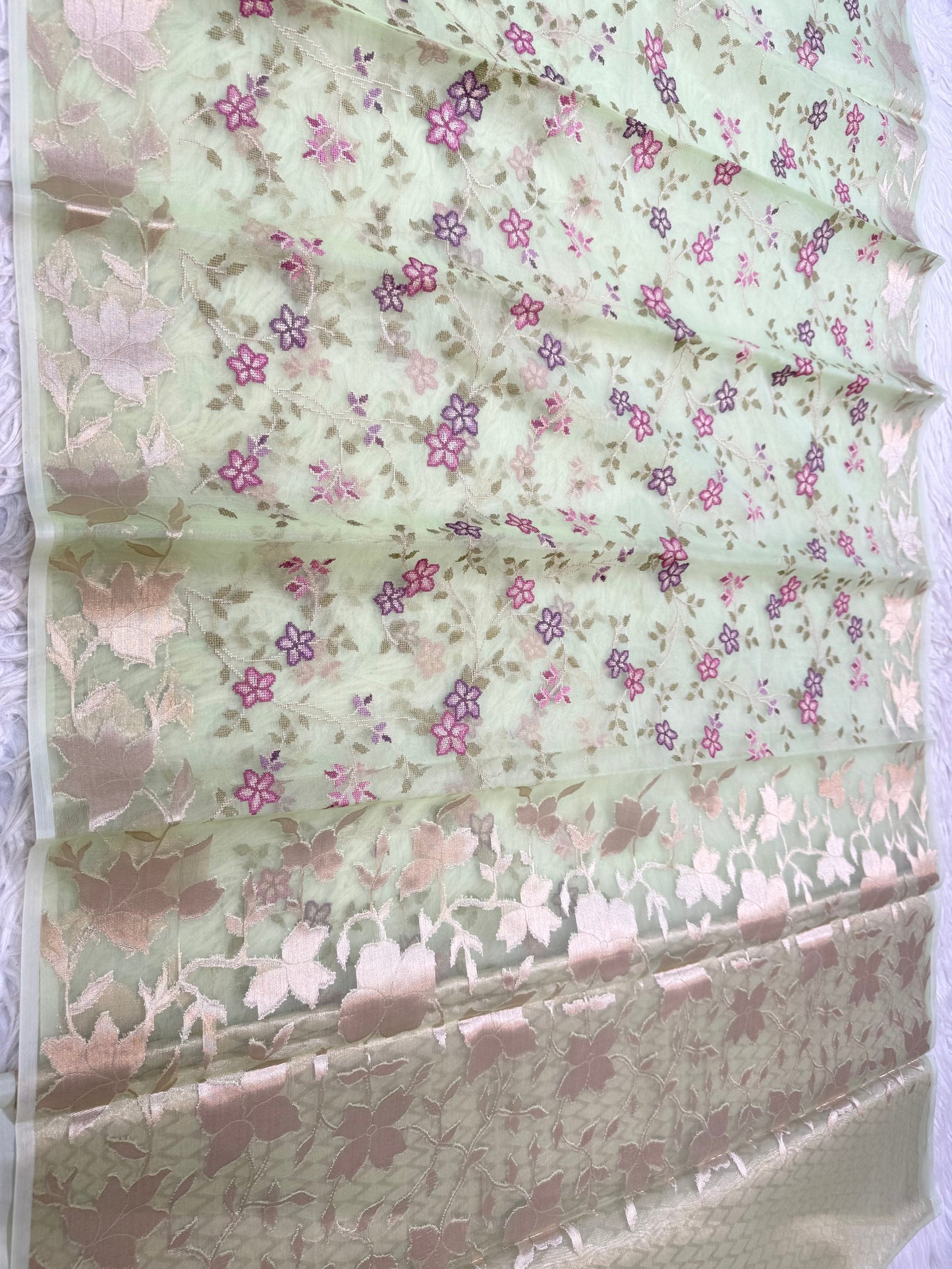 Parrot green shade kora organza embroidery Banarasi saree
