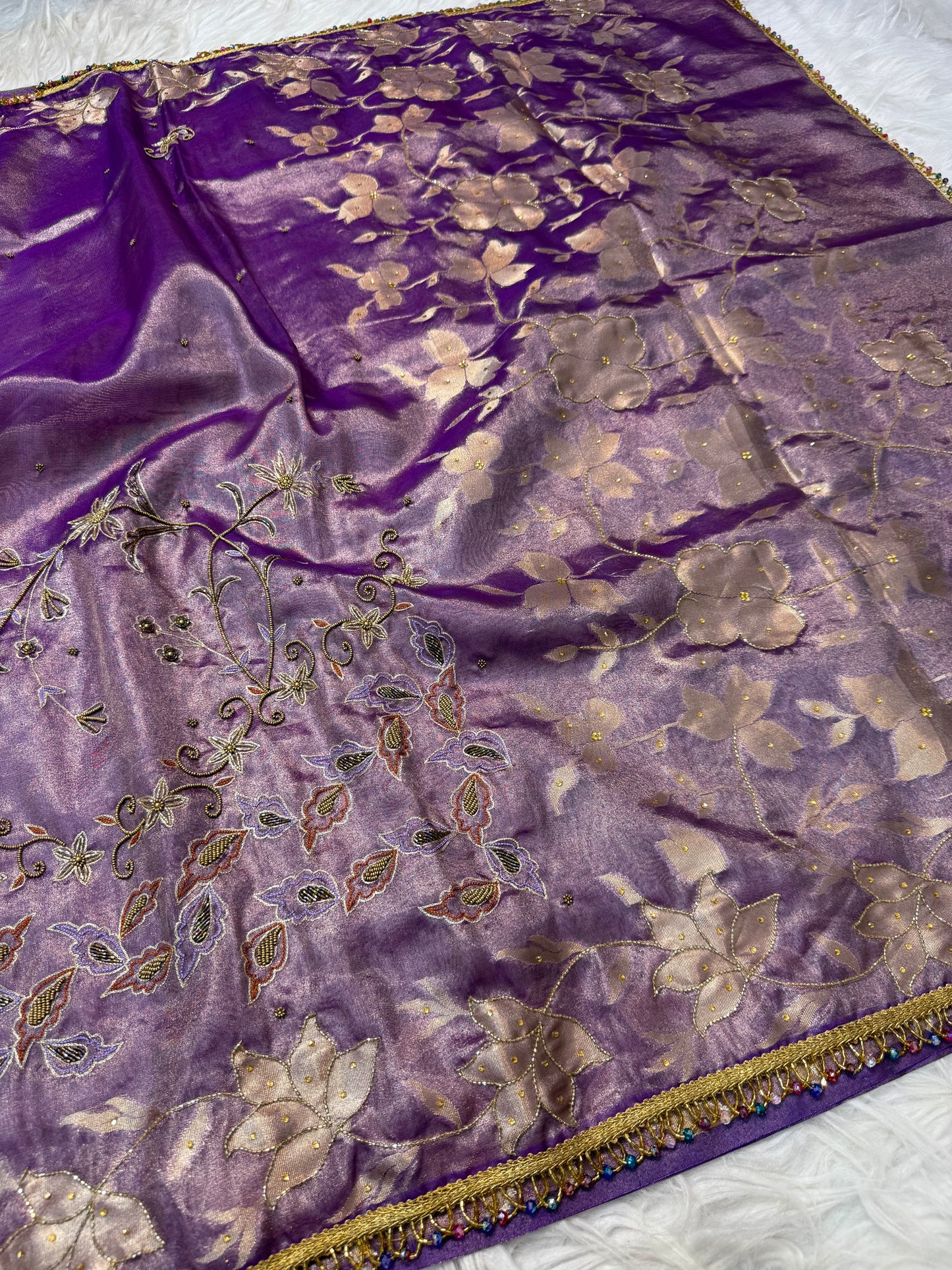Magenta shade tissue ari & zardosi work designer premium Banarasi saree