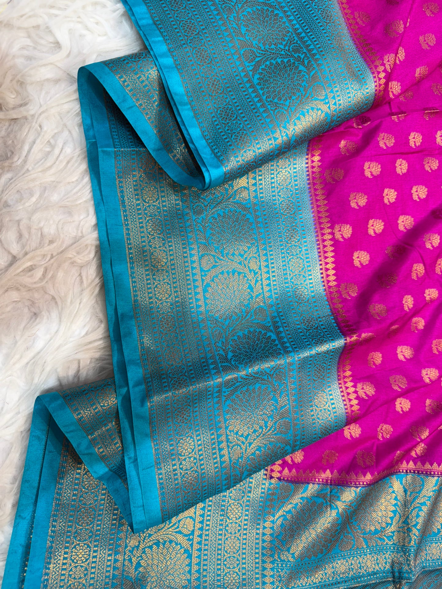 Royal pink sea green shade Dupion Silk Banarasi Saree