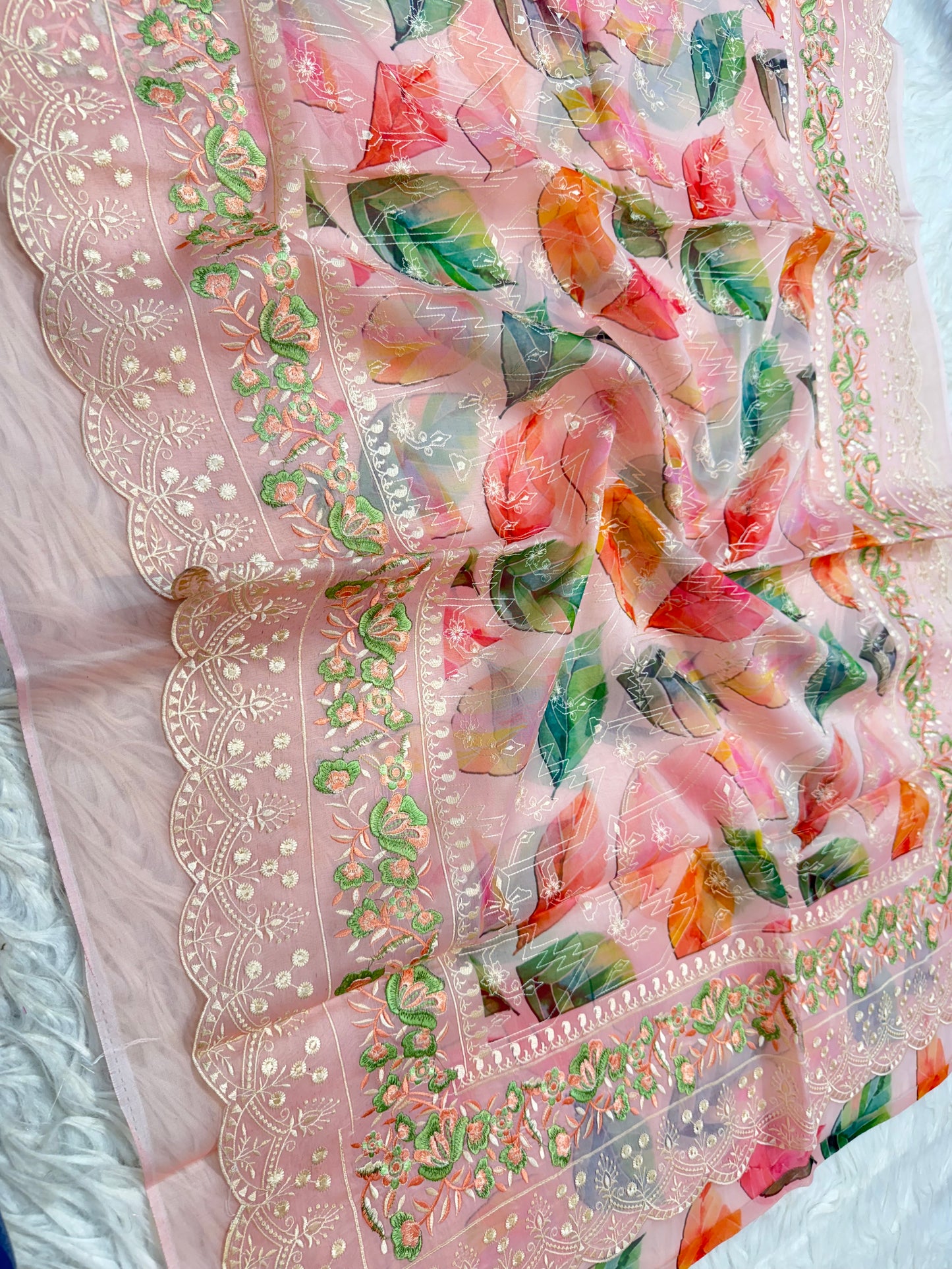 Dusty pink multi shade kora organza digital print embroidery Banarasi saree