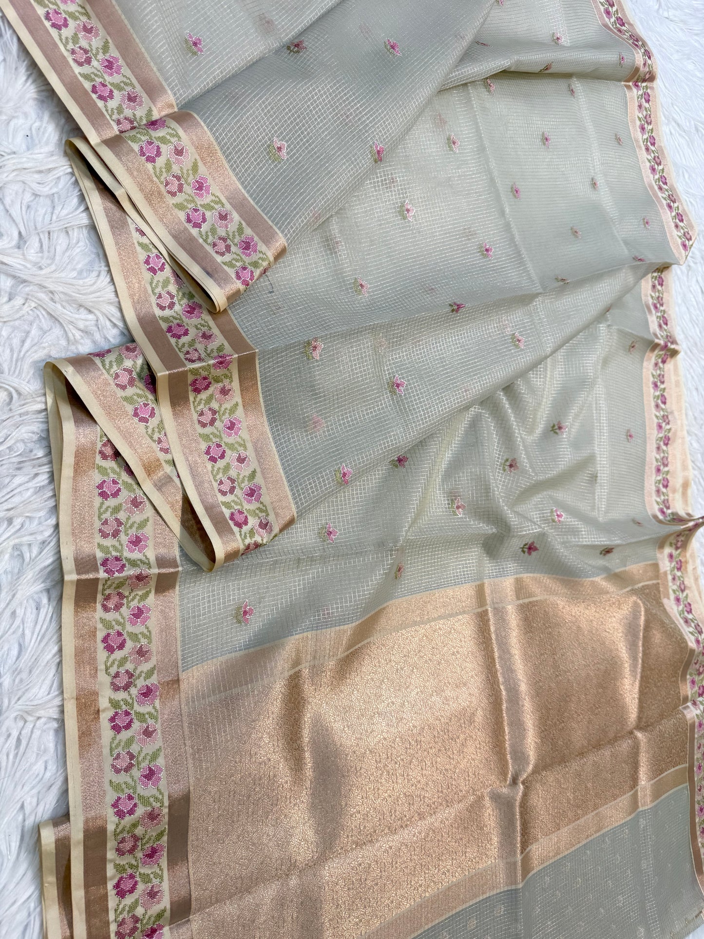 Grey shade kora organza embroidery Banarasi saree