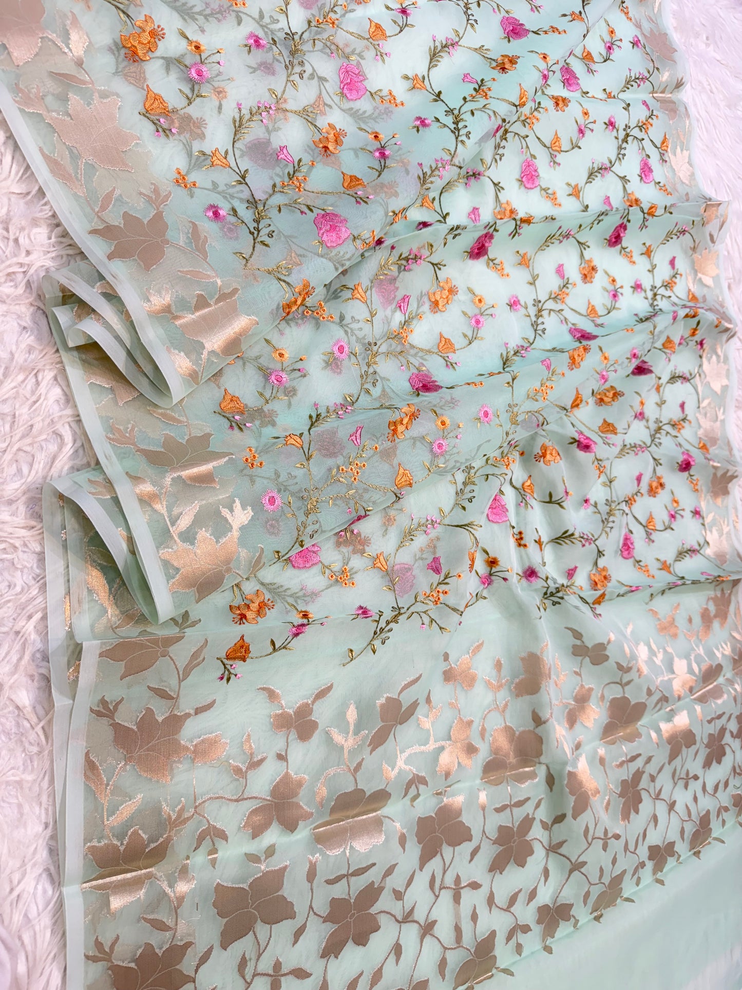 Turquoise shade kora organza embroidery banarasi saree
