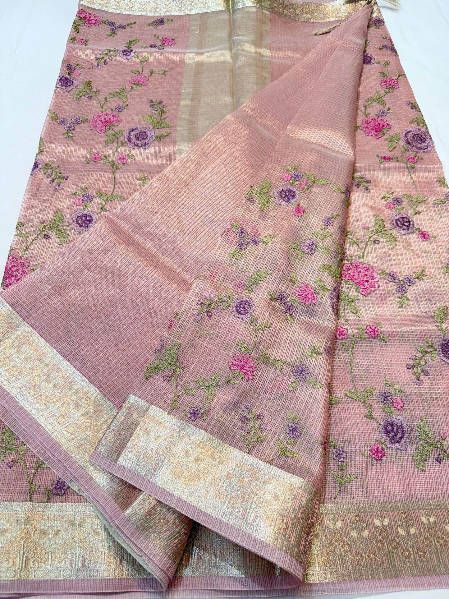 Dusty pink shade tissue kota embroidery primum Banarasi saree